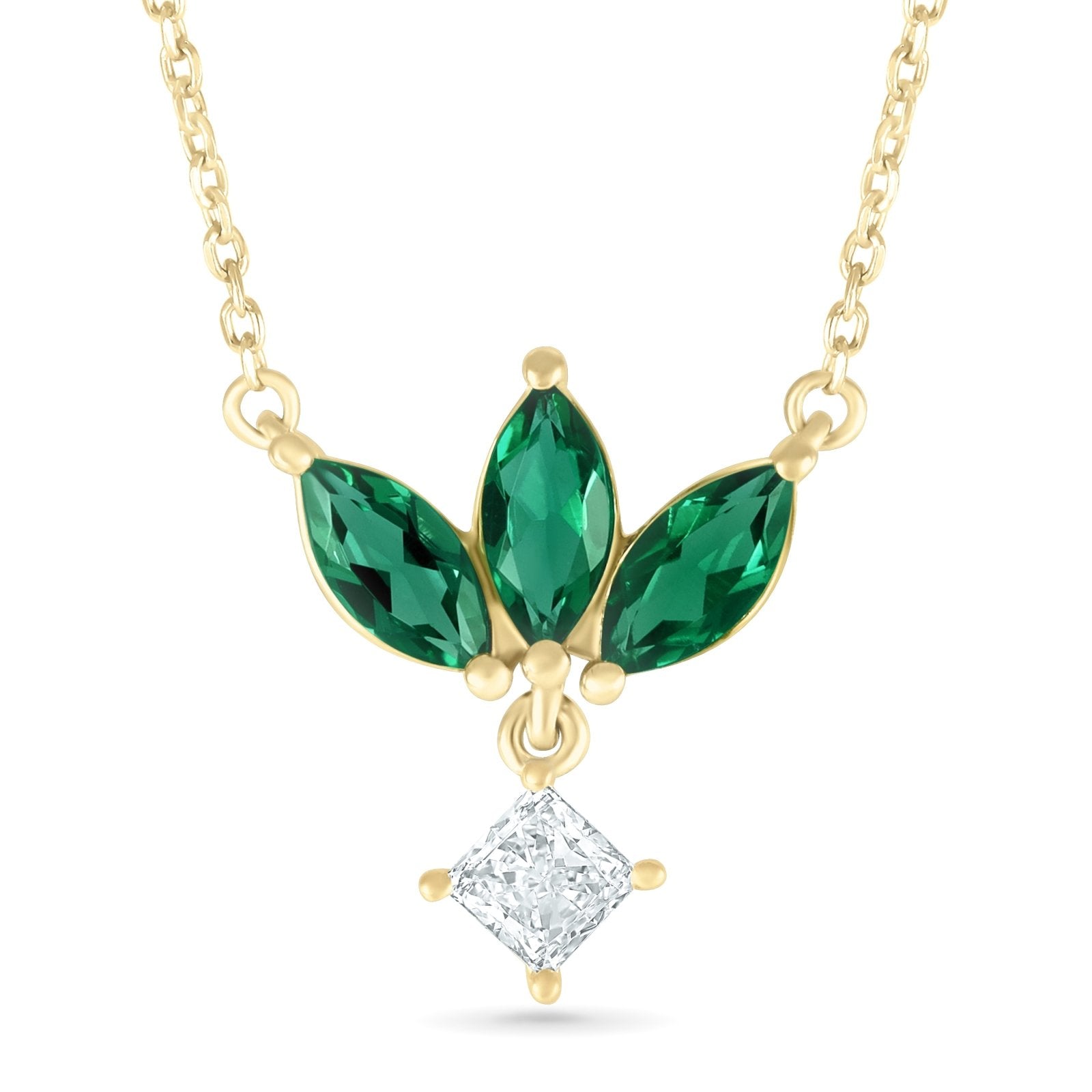 10k Yellow Gold Emerald Marquise & Princess Cut White Sapphire Dangle Necklace - Elegant Floral Pendant for Women, Perfect for Weddings, Anniversaries & Special Occasions