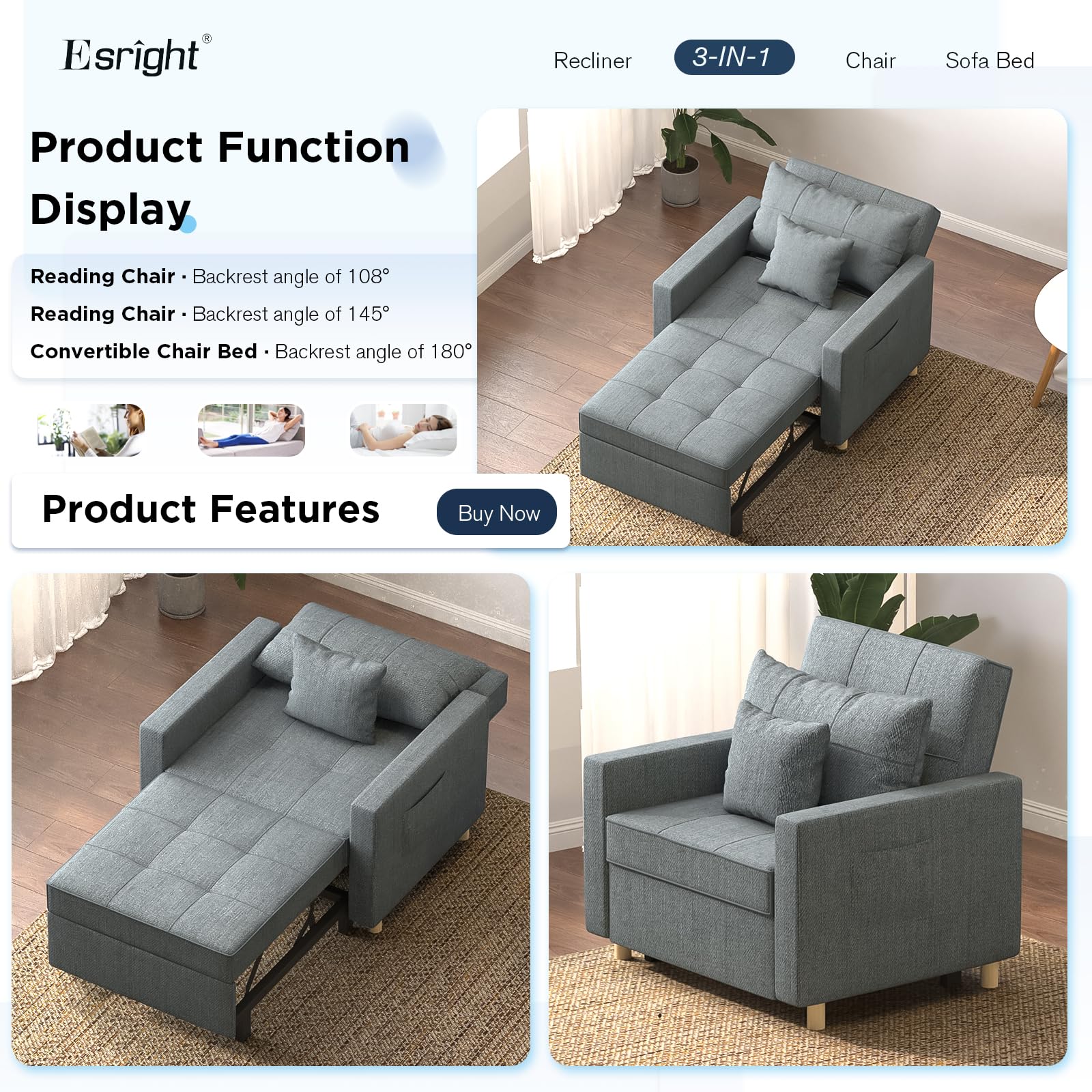 Esright 3-in-1 Convertible Sleeper Chair with Adjustable Backrest - Memory Foam Pull Out Sofa Bed with 2 Pillows & Side Pocket - Space Saving Armchair for Small Apartments, Office, Guest Room (Dark Grey) | Perfect for Overnight Guests, Nap Time & Compact Living Spaces
