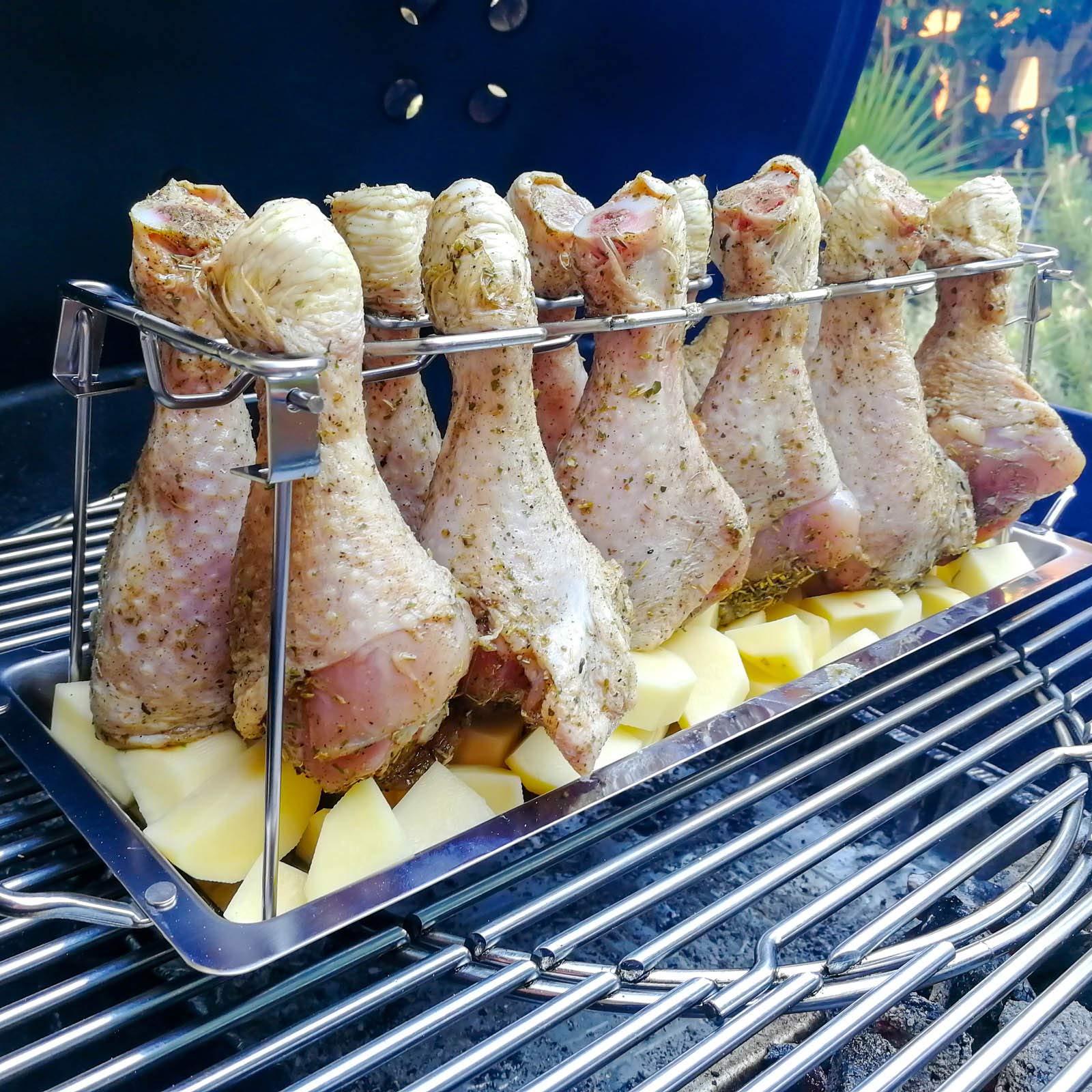 Premium Stainless Steel Chicken Leg Rack for Grill & Smoker - 12 Slot Chicken Wing & Drumstick Holder with Drip Tray - Heavy Duty BBQ Grill Accessories for Outdoor Cooking, Backyard Parties & Camping