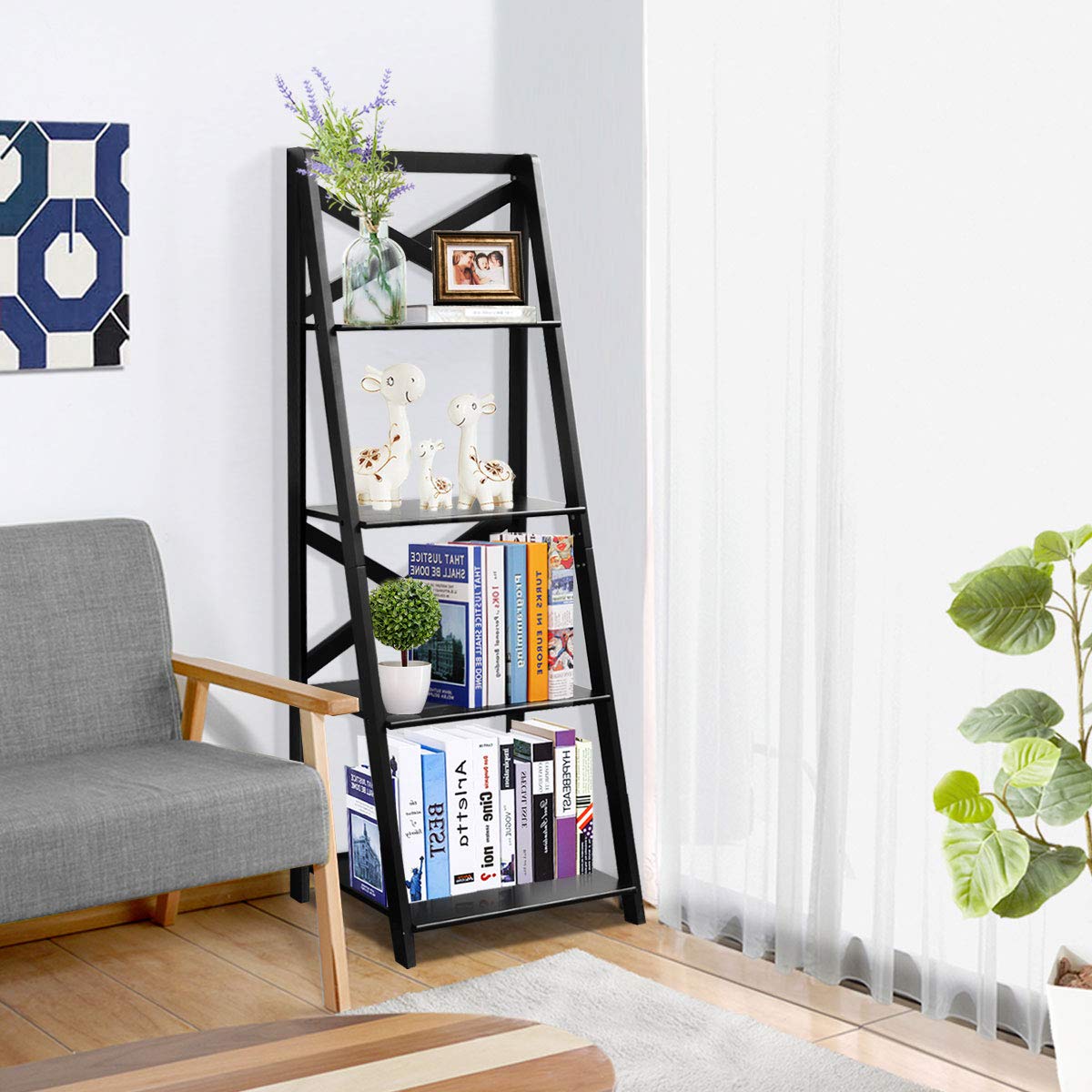Tangkula 4-Tier Ladder Shelf Bookcase Set of 2 - Free Standing Wooden Leaning Bookshelf for Home & Office - Storage Shelf for Books, Plants, Flowers & Decor - Perfect for Living Room, Bedroom & Workspace Organization