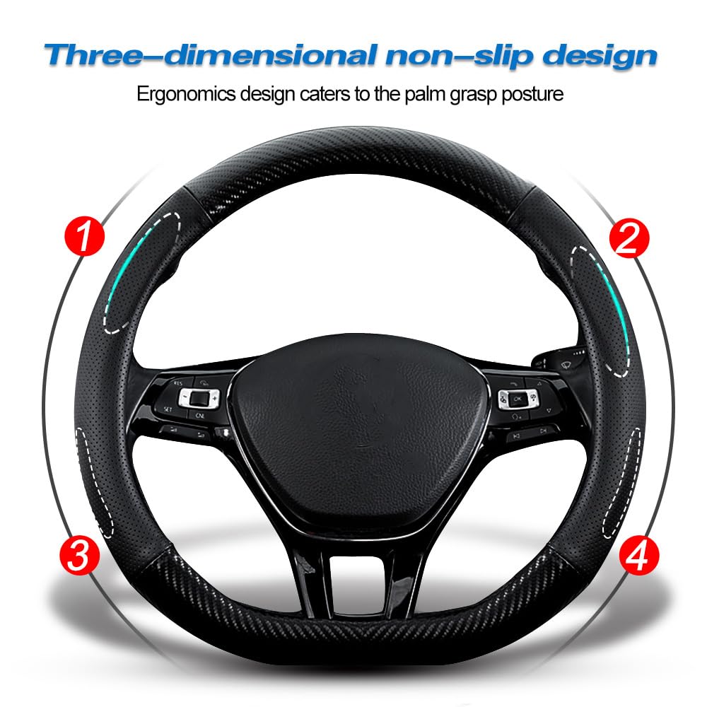 Universal 15-Inch Car Carbon Fiber & Leather D-Shape Steering Wheel Cover - Non-Slip Stylish Black Interior Upgrade for Enhanced Driving Comfort