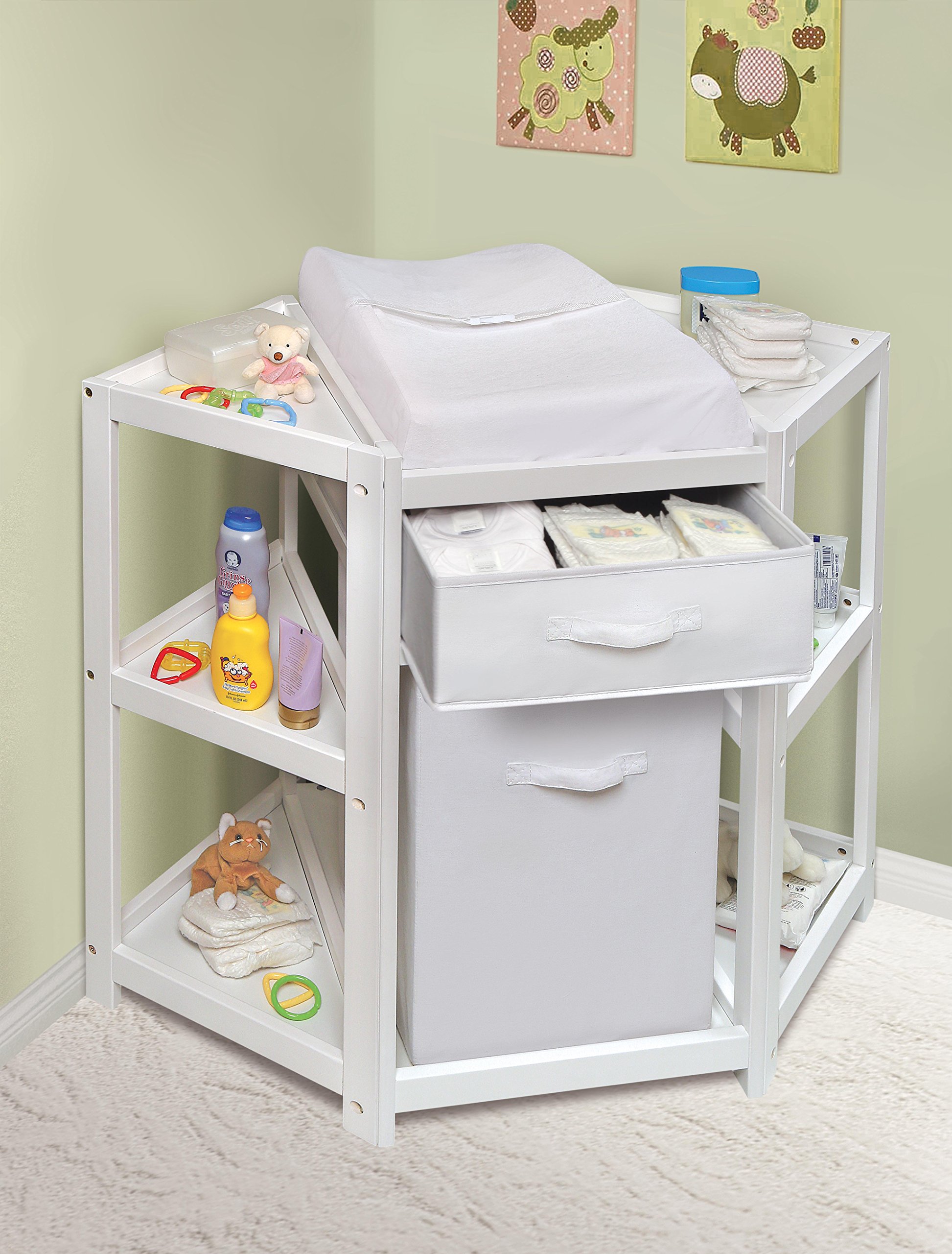 Badger Basket Diaper Corner Baby Changing Table - White Space-Saving Nursery Changing Station with Hamper, Storage Basket & Changing Pad - Perfect for Small Nurseries & Baby Rooms