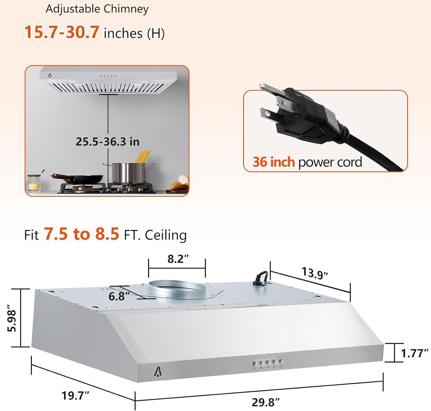 30 Inch Stainless Steel Under Cabinet Range Hood - 300CFM 3-Speed Exhaust Fan with LED Lights & Reusable Baffle Filters - Perfect for Kitchen Ventilation & Smoke Removal