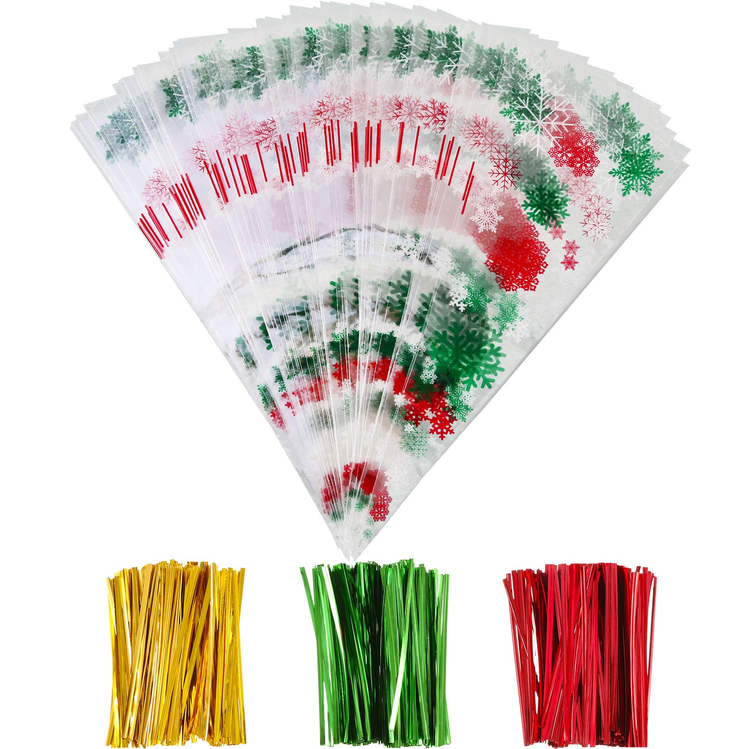 100-Piece Christmas Cone Treat Bags with Snowflake Design - 6.4