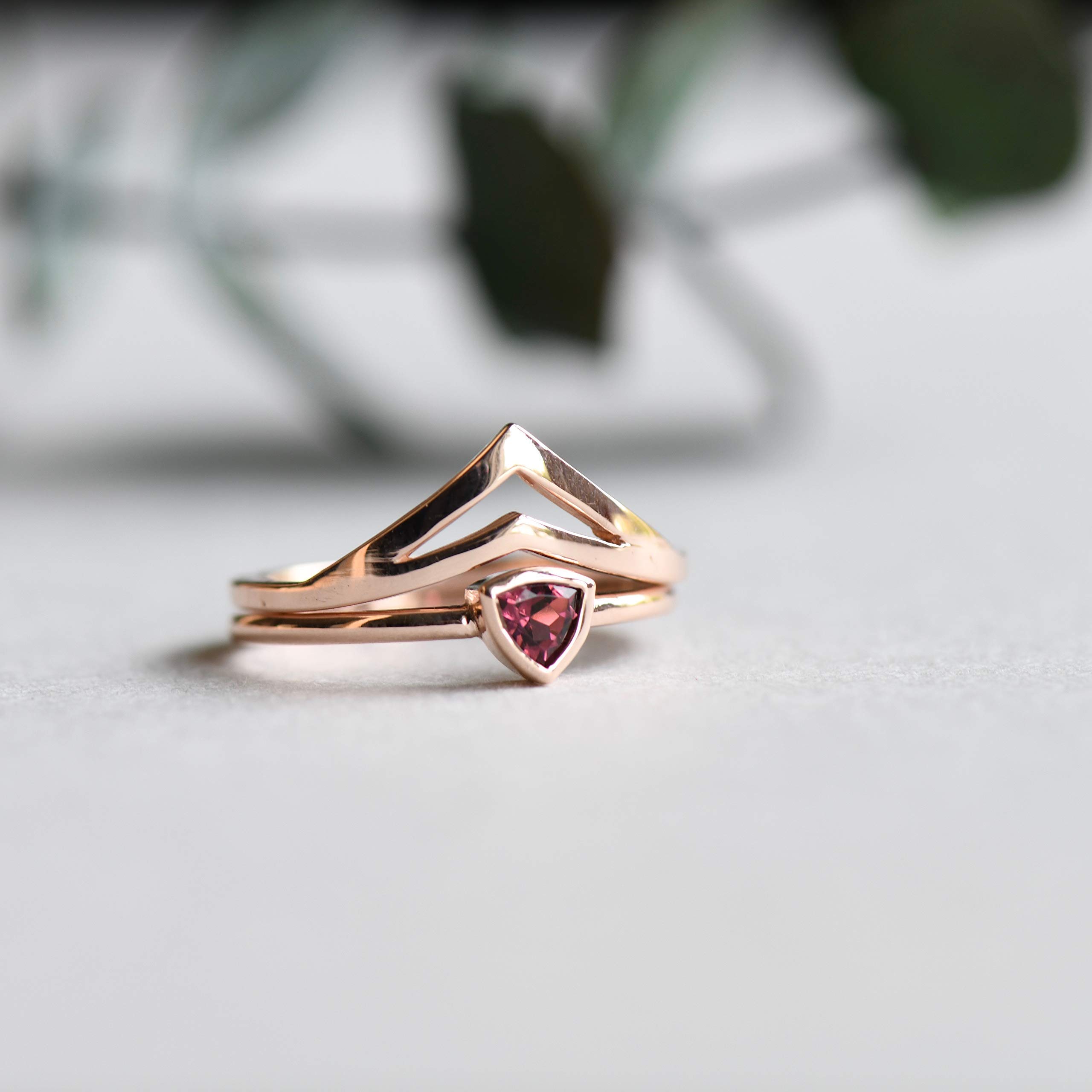 14K Solid Rose Gold Pink Tourmaline Ring Set - October Birthstone Trillion Cut Engagement Ring for Women (Perfect for Anniversaries, Proposals & Special Occasions)