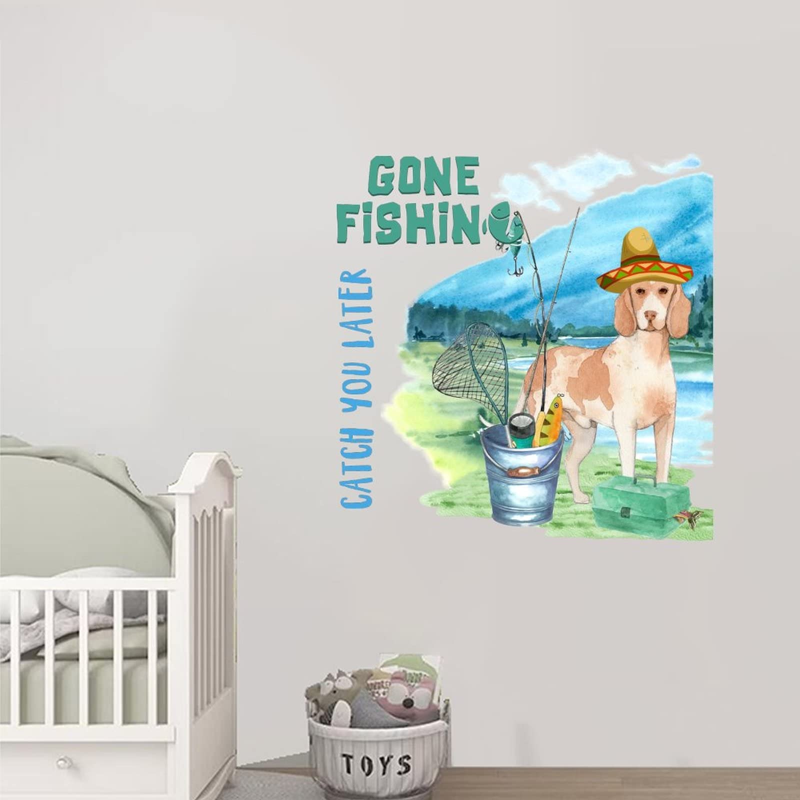 Gone Fishing Wall Decals - 22 Inch Inspirational Beach Life Kitchen Stickers with Dog & Lake Motif, Motivational Quote for Bedroom, Living Room & Office Decor - Perfect for Coastal, Rustic or Cabin Themed Spaces