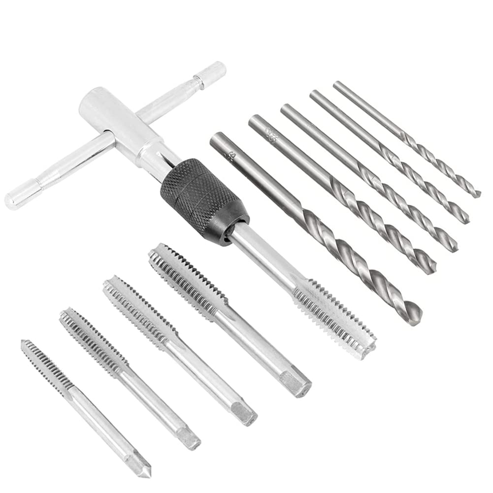 Premium T-Handle Tap Wrench Kit with 5pc M3-M8 Machine Thread Taps & 5pc Twist Drill Bits - Professional Threading Tool Set for Metalworking, DIY Projects, and Home Repairs