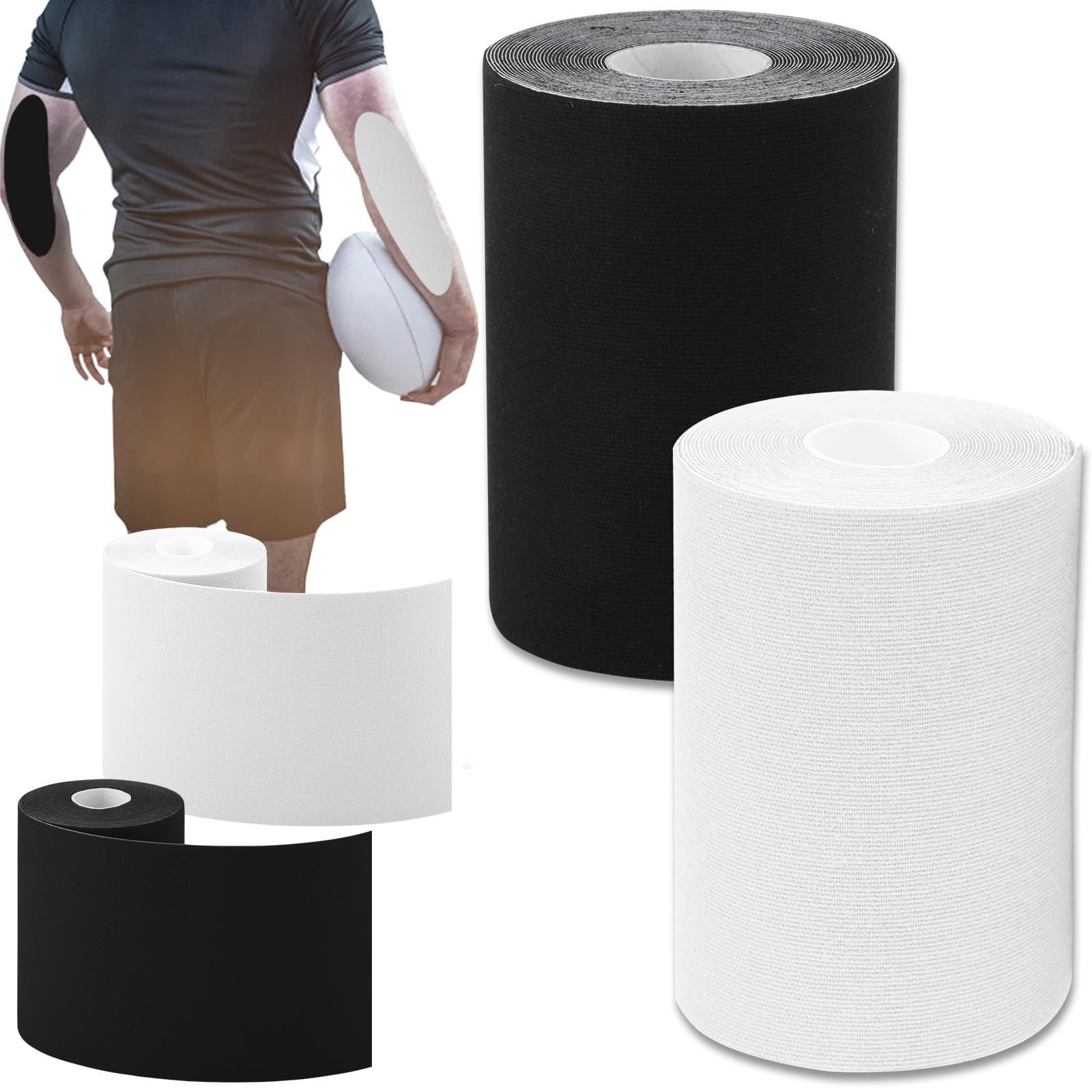 2-Pack Extra Wide Waterproof Football Turf Tapes - Ultra Sticky Athletic Sports Tape for Football, Arms & Legs - Ideal for Sports Training, Injury Prevention & Workout Support (Black & White)