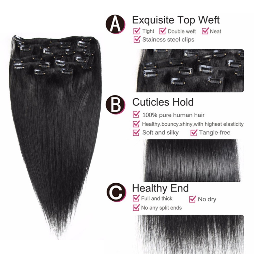 7A Straight Clip In Human Hair Extensions - 100% Peruvian Virgin Hair - 10pcs/set 200g - Natural Black #1B (16 Inch) - Perfect for Daily Styling, Volume Boost & Special Occasions