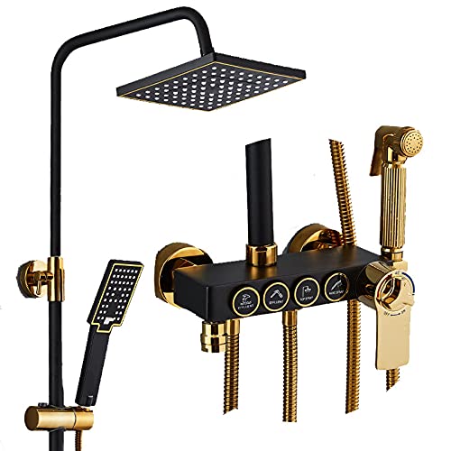 ZHANGLE Thermostatic Shower System - Adjustable Height Wall Mounted Rainfall Showerhead with 4-Speed Hand Spray - Brass Construction in Black Gold Finish - Perfect for Luxury Bathroom & Spa Experience