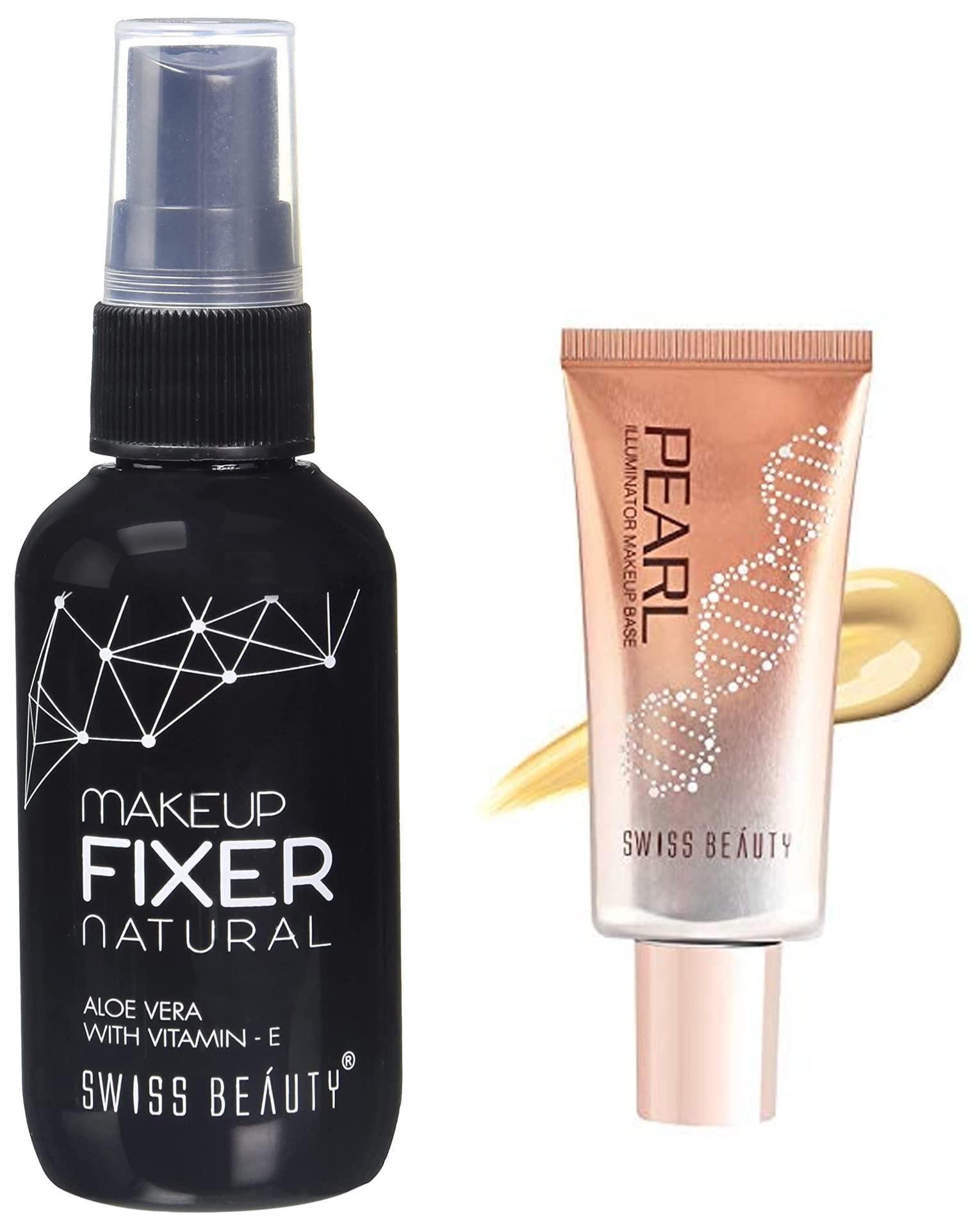Swiss Beauty Makeup Fixer with Natural Aloe Vera & Vitamin E - 50ml White Face Setting Spray & Foundation Pearl Illuminator - 35g Golden-Pink Highlighter | Perfect for Long-Lasting Makeup & Glowing Skin for Daily Wear & Special Occasions