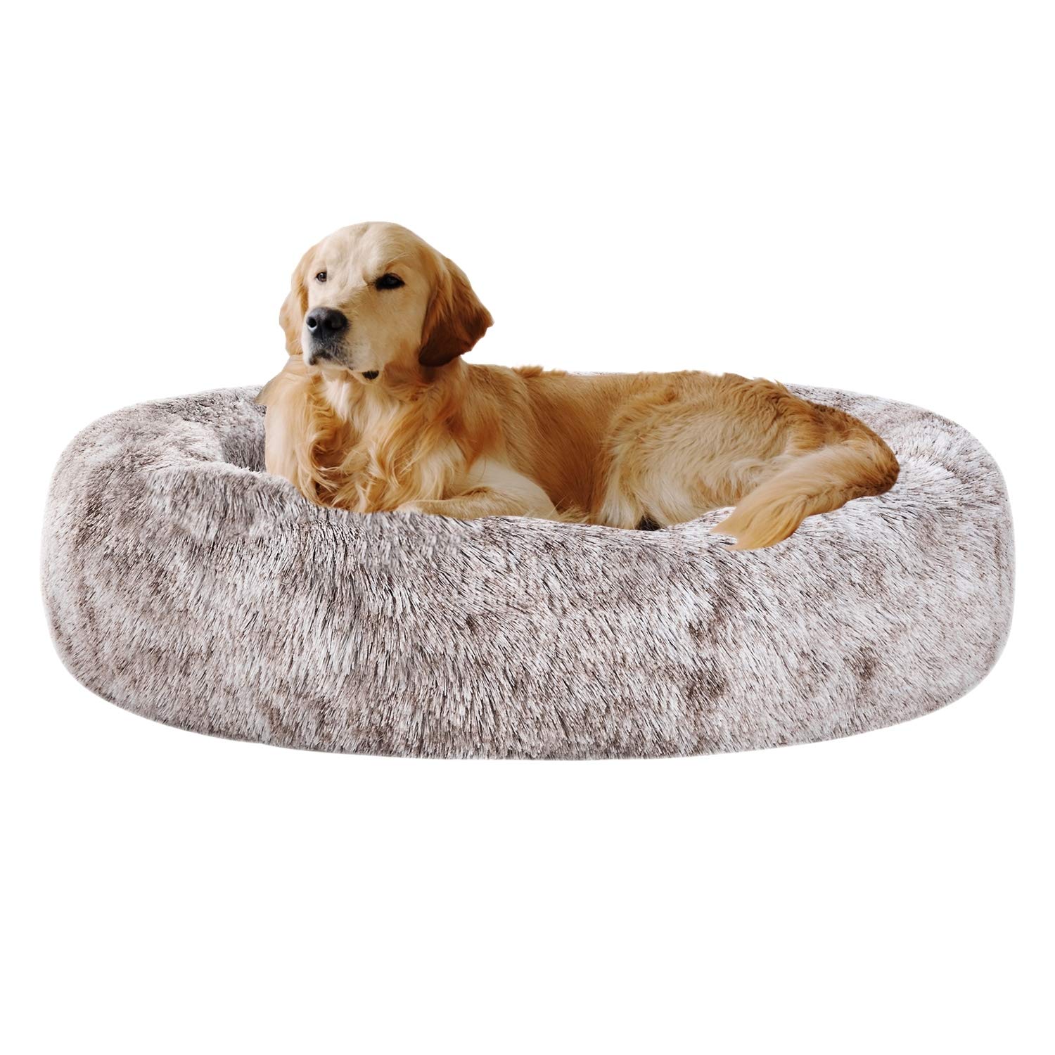 Coohom Oval Calming Donut Cuddler Dog Bed - Shag Faux Fur Washable Round Pet Bed for Small & Medium Dogs (XXL 43