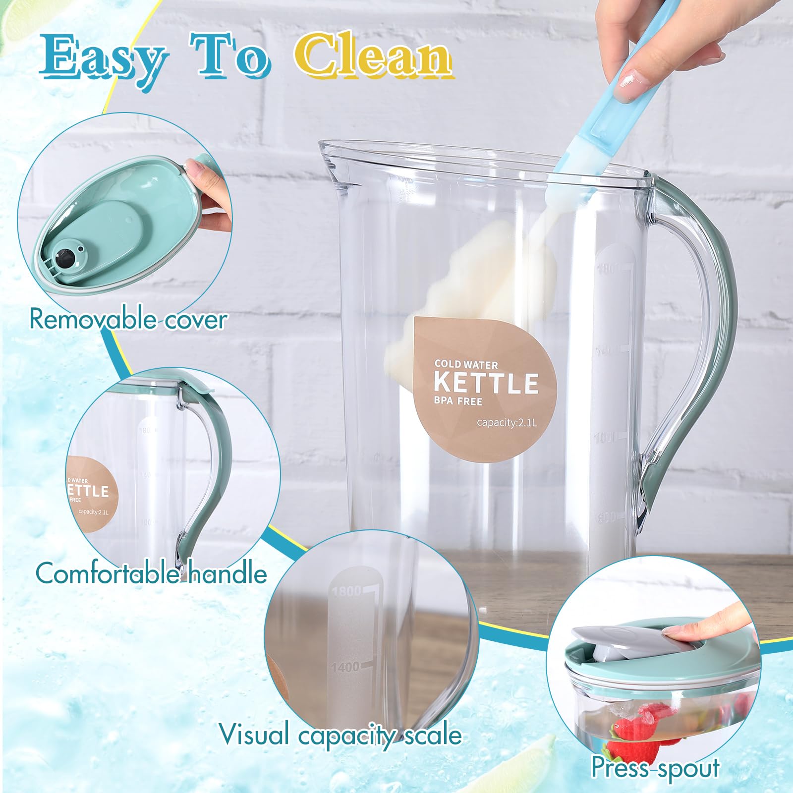 2 Pack 71 oz BPA-Free Plastic Water Pitcher with Lid - 0.56 Gallon Clear Beverage Dispenser for Refrigerator - Perfect for Cold Lemonade, Iced Tea, Juice & Hot Drinks - Ideal for Home, Office & Outdoor Use (Light Blue)