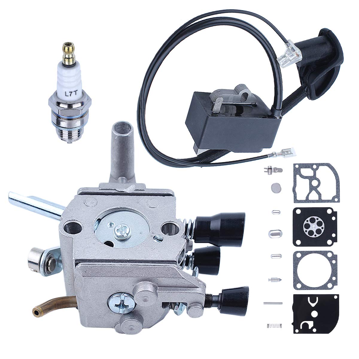 STIHL FS120 FS200 FS250 FS300 FS350 Trimmer Ignition Coil & Carburetor Repair Kit with Spark Plug - Replacement Parts 41341200653 41344001301 - Perfect for Lawn Care, Landscaping & Garden Maintenance
