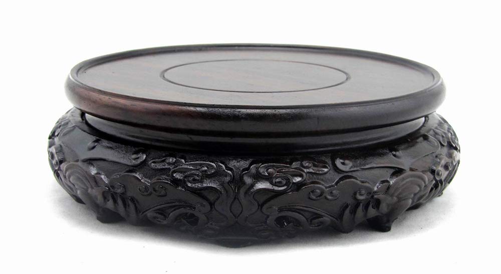 GOLDY&WENDY Solid Elm Wood Round Bat Pattern Vase Stand - 4.7 Inch Diameter Pedestal Base for Home Decor, Shelf Display & Feng Shui Arrangement