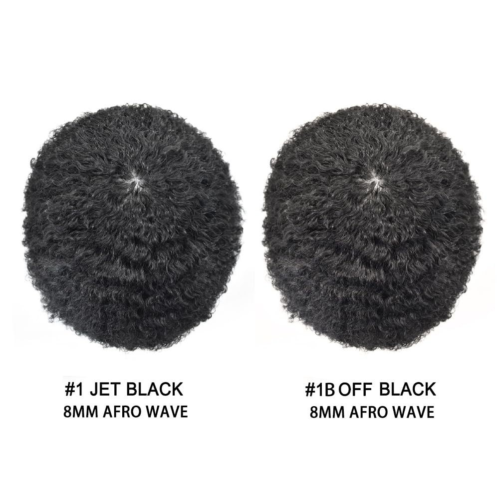 Men's Afro Toupee Hair Replacement System for Black Men - 1B# Natural Black 8mm Afro Wavy Hairpiece | African American Hair Weave Units for Men | Perfect for Daily Wear, Special Occasions & Hair Loss Solutions