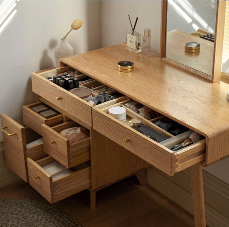 Solid Oak Wood Extendable Vanity Dressing Table with Mirror - Perfect for Bedroom Makeup & Jewelry Storage