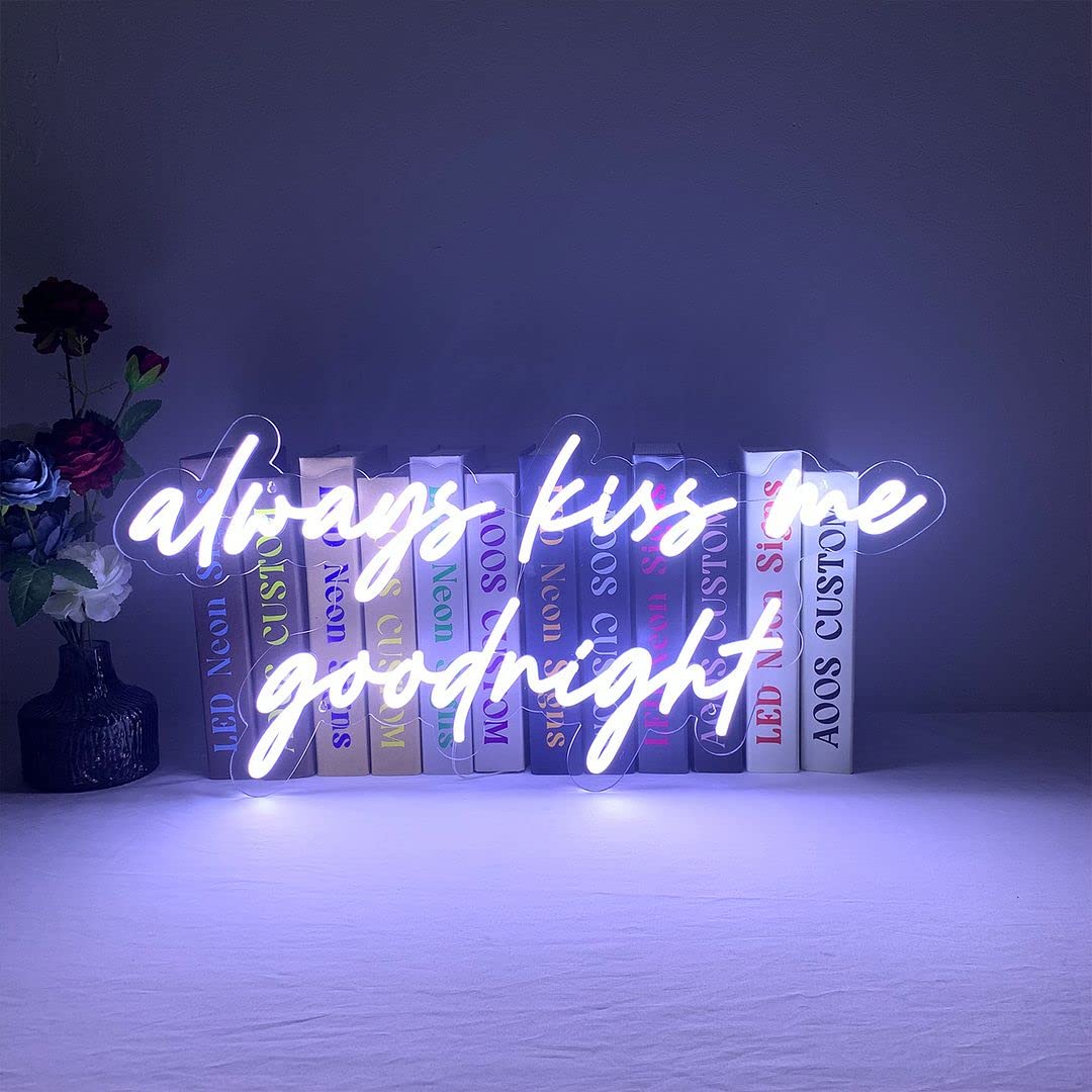 Always Kiss Me Goodnight LED Neon Sign - Custom Wall Decor for Bedroom, Living Room, Wedding & Party - Dimmable Aesthetic Lighting for Home, Bathroom & Kitchen Decor - Perfect for Romantic Ambiance & Nighttime Glow
