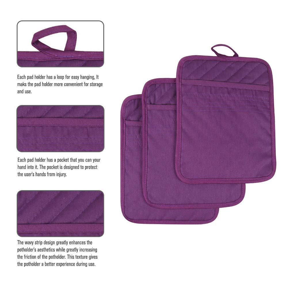 Anyi Heat Resistant Cotton Pot Holders for Kitchen - Purple Hot Pads with Pocket for Counter Table | Perfect for Cooking, Baking & Serving Hot Dishes