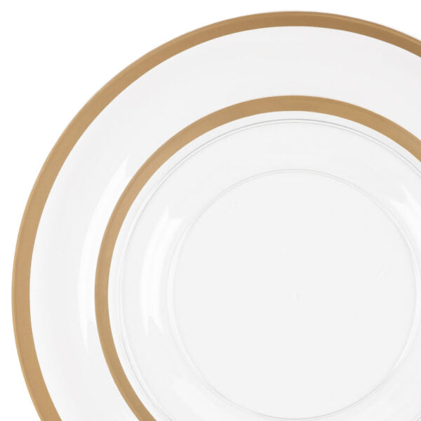 32-Piece Clear & Gold Rim Plastic Dinnerware Set - Shatterproof Disposable Plates, Cups & Cutlery for 16 Guests - Elegant Wedding, Party & Outdoor Dining Tableware