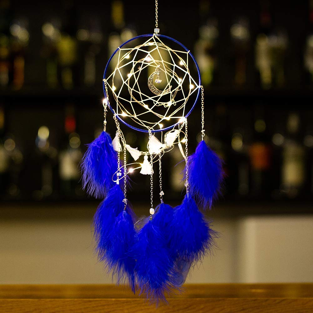 Blue LED Dream Catcher - Battery Powered Wall Hanging Decor with Soft Glow for Bedroom, Nursery, Living Room & Meditation Space