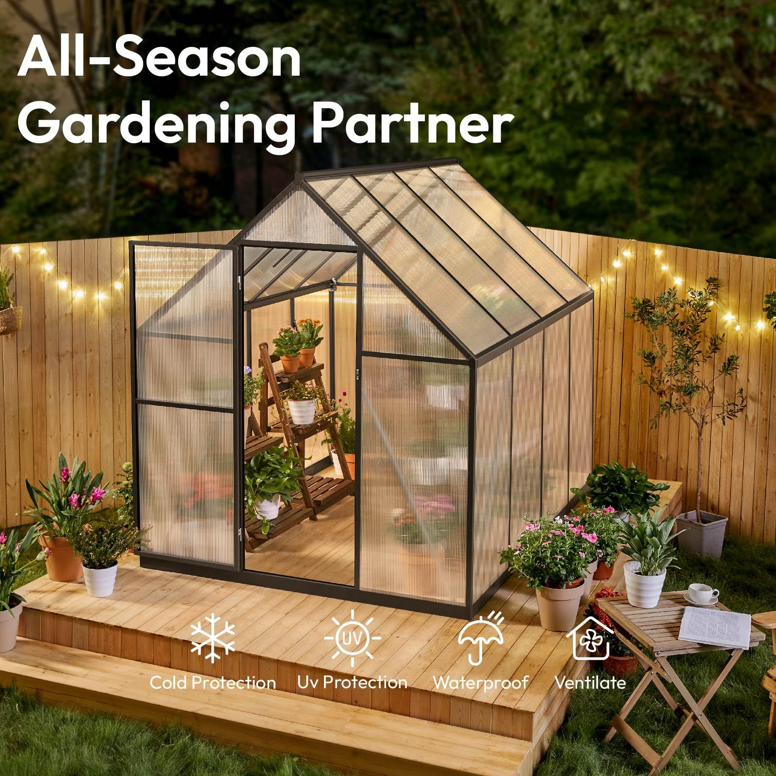 6x7.5 FT Polycarbonate Walk-in Greenhouse - Quick Setup Aluminum Frame with Roof Vent - Durable Outdoor Greenhouse for Gardening, Backyard & Plant Protection - Perfect for Seed Starting, Herb Growing & Year-Round Gardening