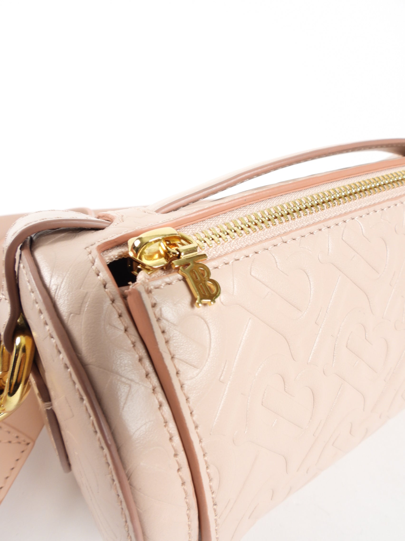 Burberry Light Pink Leather Embossed Monogram Barrel Bag for Women | Luxury Designer Handbag for Everyday Use, Work & Special Occasions