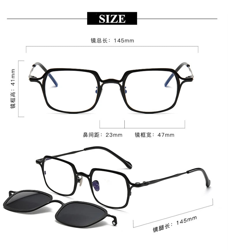 Stylish Black Unisex Titanium Square Full Rim Eyeglasses with Clip-On Sunglasses - Perfect for Outdoor Activities, Driving, and Fashion Accessories