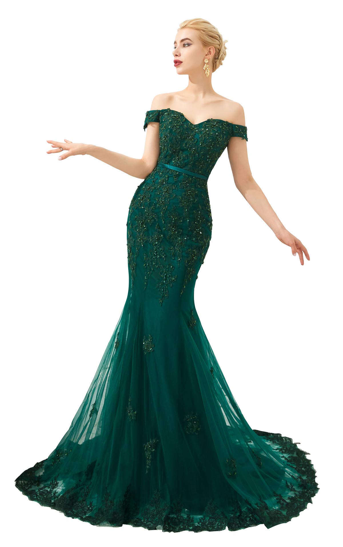 Elinadress Women's Off Shoulder Long Lace Prom Dress Mermaid Beaded Evening Gown - Elegant Formal Gown for Prom, Wedding, Party & Special Occasions