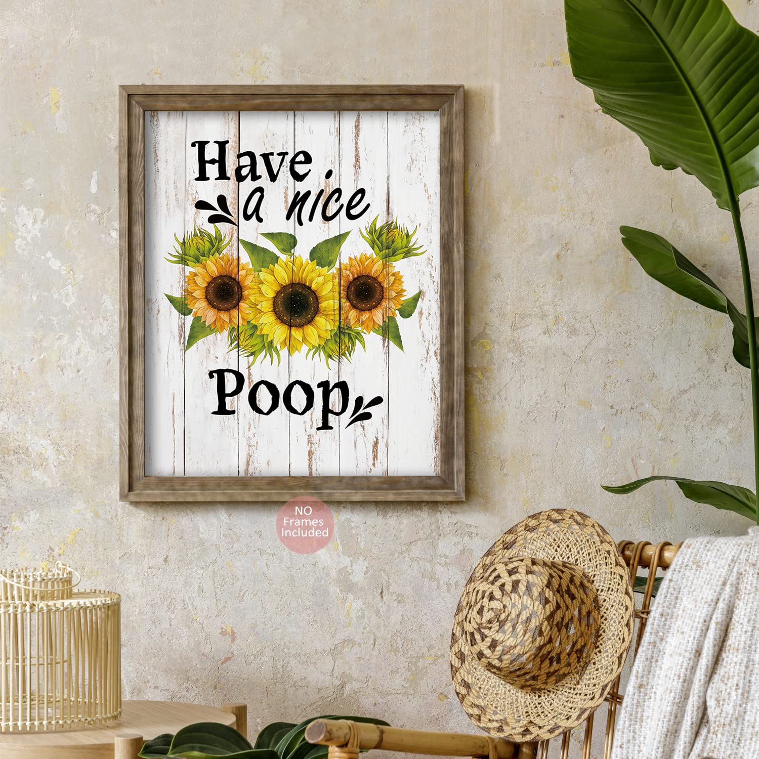 Funny Sunflower Bathroom Wall Art - Humorous Quotes Poster Set of 4 for Home Decor