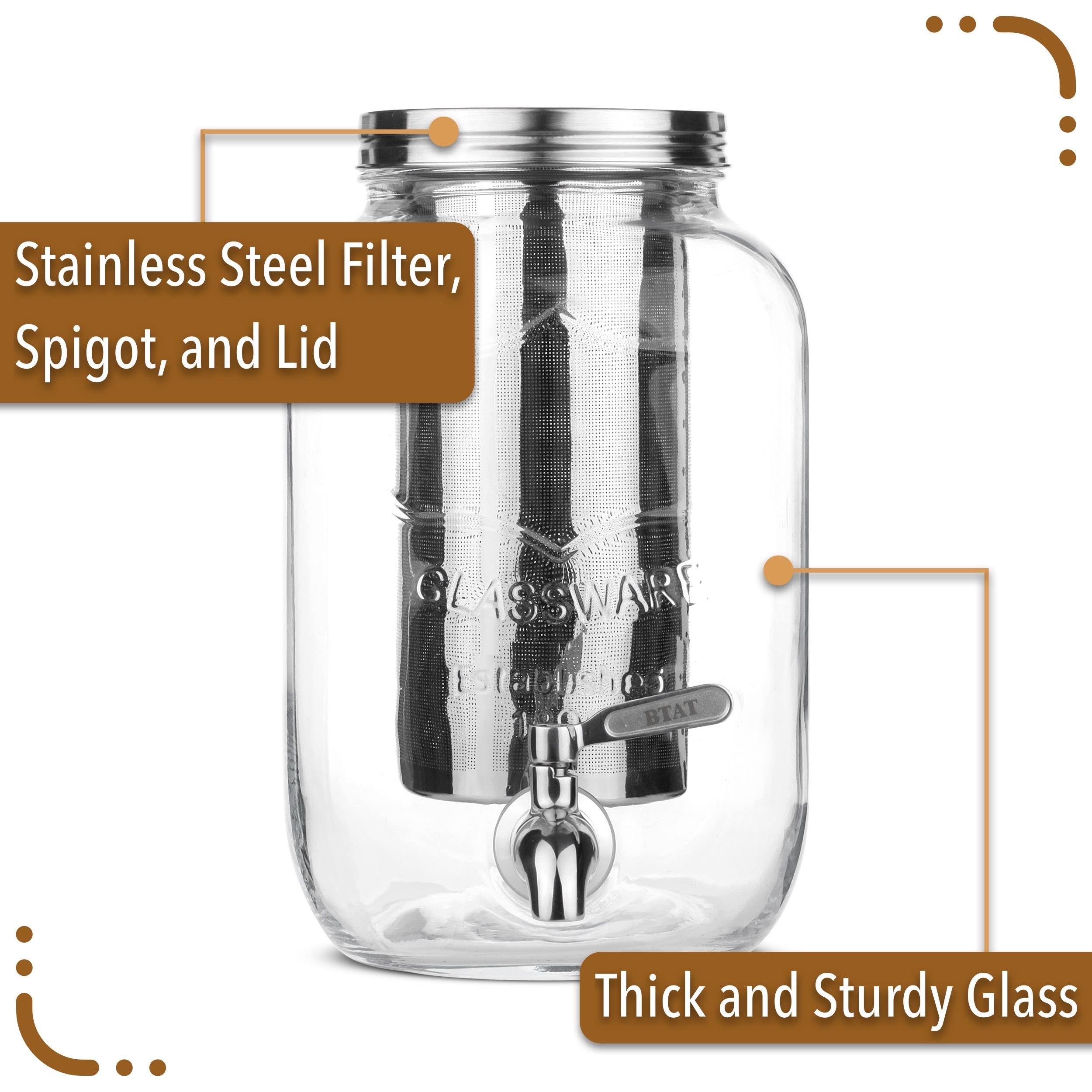BTaT- 1 Gallon Cold Brew Coffee Maker & Iced Tea Maker - Glass Mason Jar Beverage Dispenser with Spigot - Perfect for Home, Office, and Outdoor Use