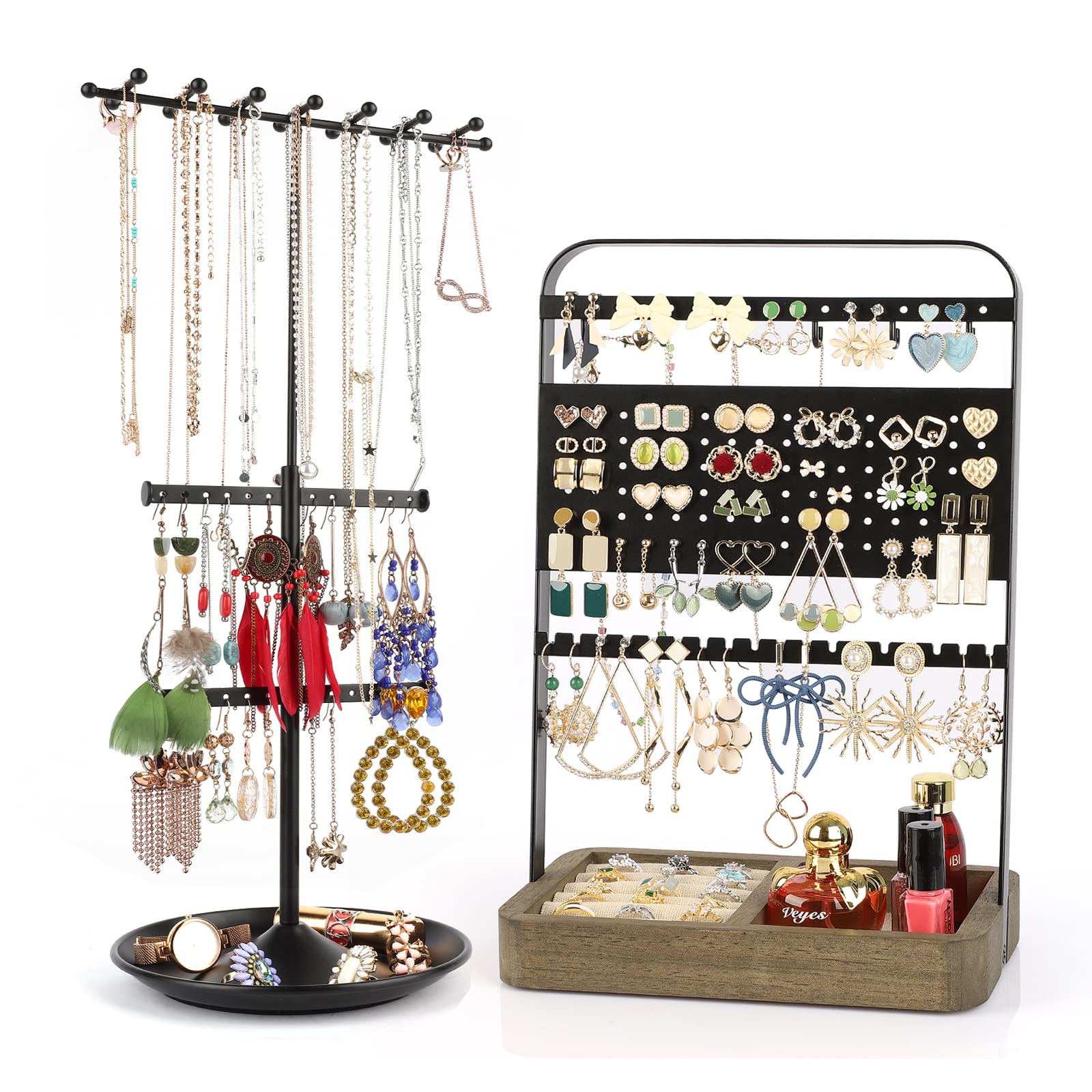 Ekero Adjustable Height Jewelry Organizer Stand - Large Capacity Necklace & Earring Holder with Wooden Tray - Perfect for Bedroom Vanity, Closet Organization, and Travel Jewelry Storage