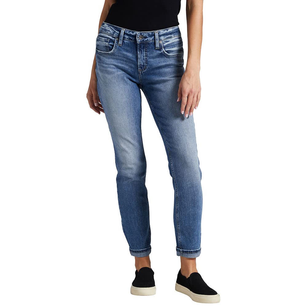 Silver Jeans Co. Women's Boyfriend Mid Rise Slim Leg Jeans - Comfortable Stretch Denim Pants for Casual Wear & Everyday Outfits