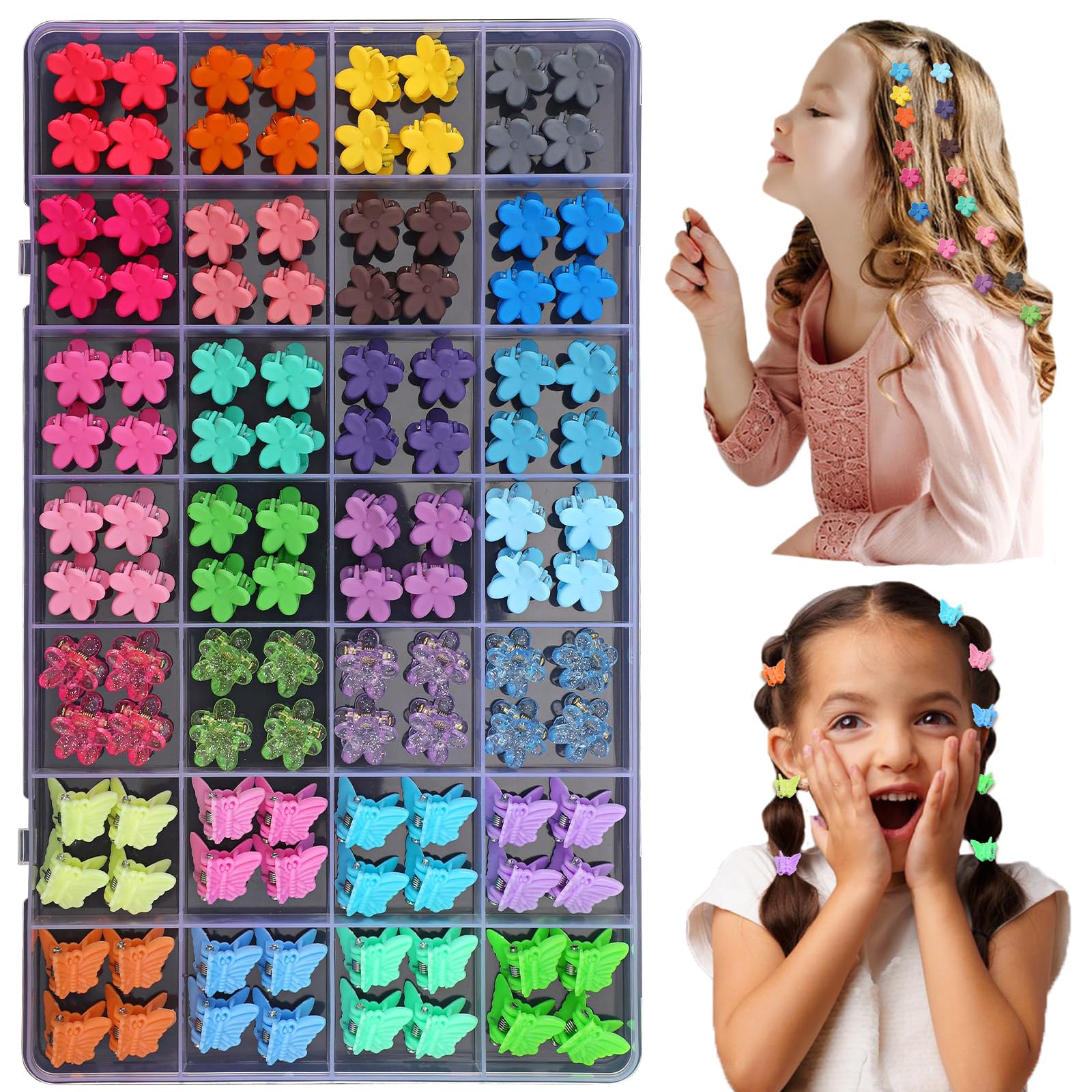 112 Pcs Baby Hair Clips Set - 28 Color Mini Flower & Butterfly Hair Accessories for Girls & Toddlers - Small Claw Clips with Organizer Box - Cute Hair Bows for Daily Use, Parties & Photo Shoots