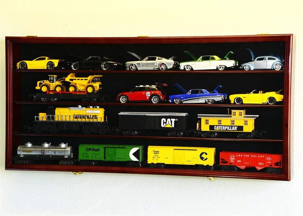 O Scale Train Display Case with UV Protection & Lockable Cabinet - Wall Mounted Cherry Wood Rack for Model Train Collections - Perfect for Home, Office, or Museum Showcase