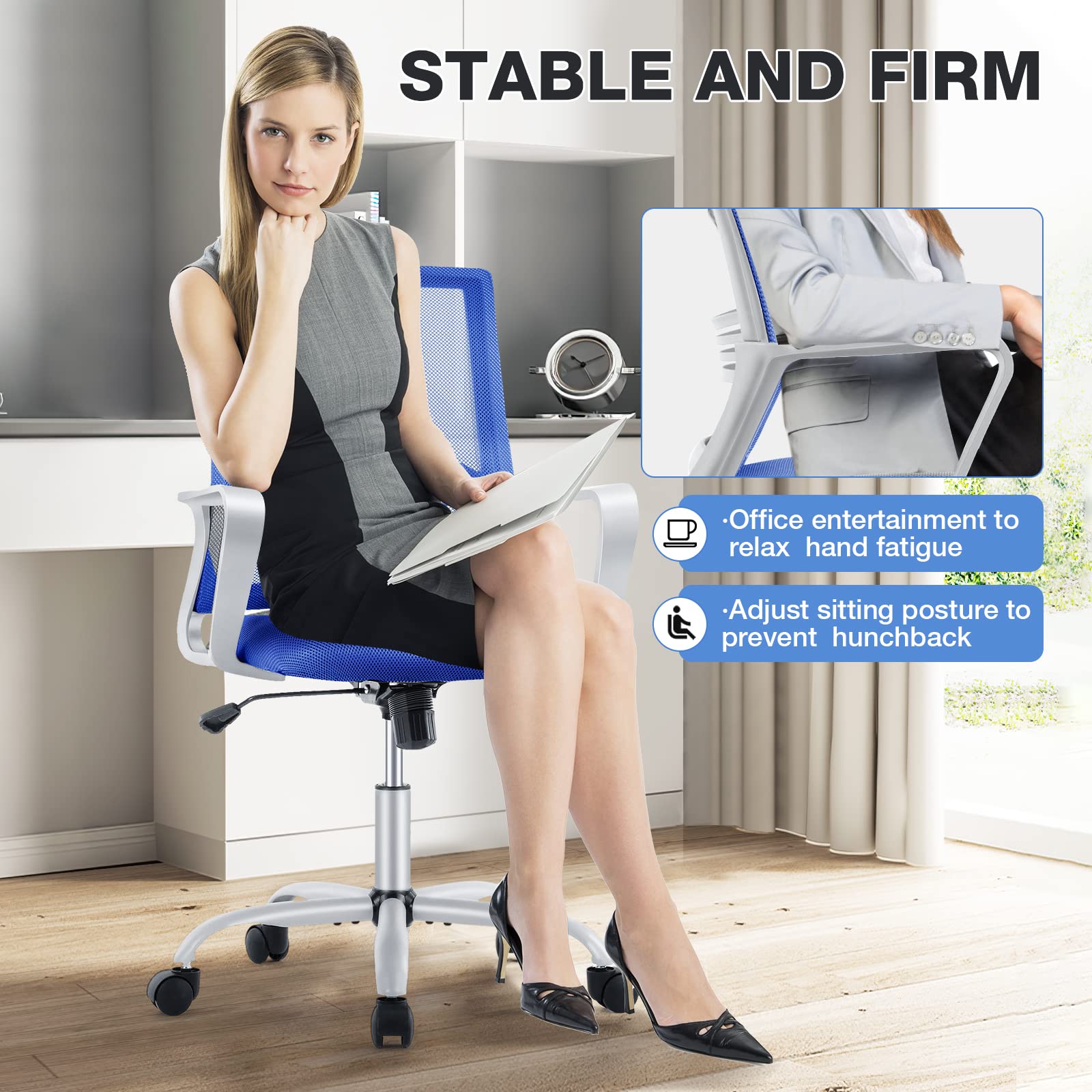 Ergonomic Office Chair with Lumbar Support - Adjustable Mid Back Desk Chair with Wheels & Armrests for Home Office, Computer Work, and Gaming - Comfortable Blue Task Chair for Adults