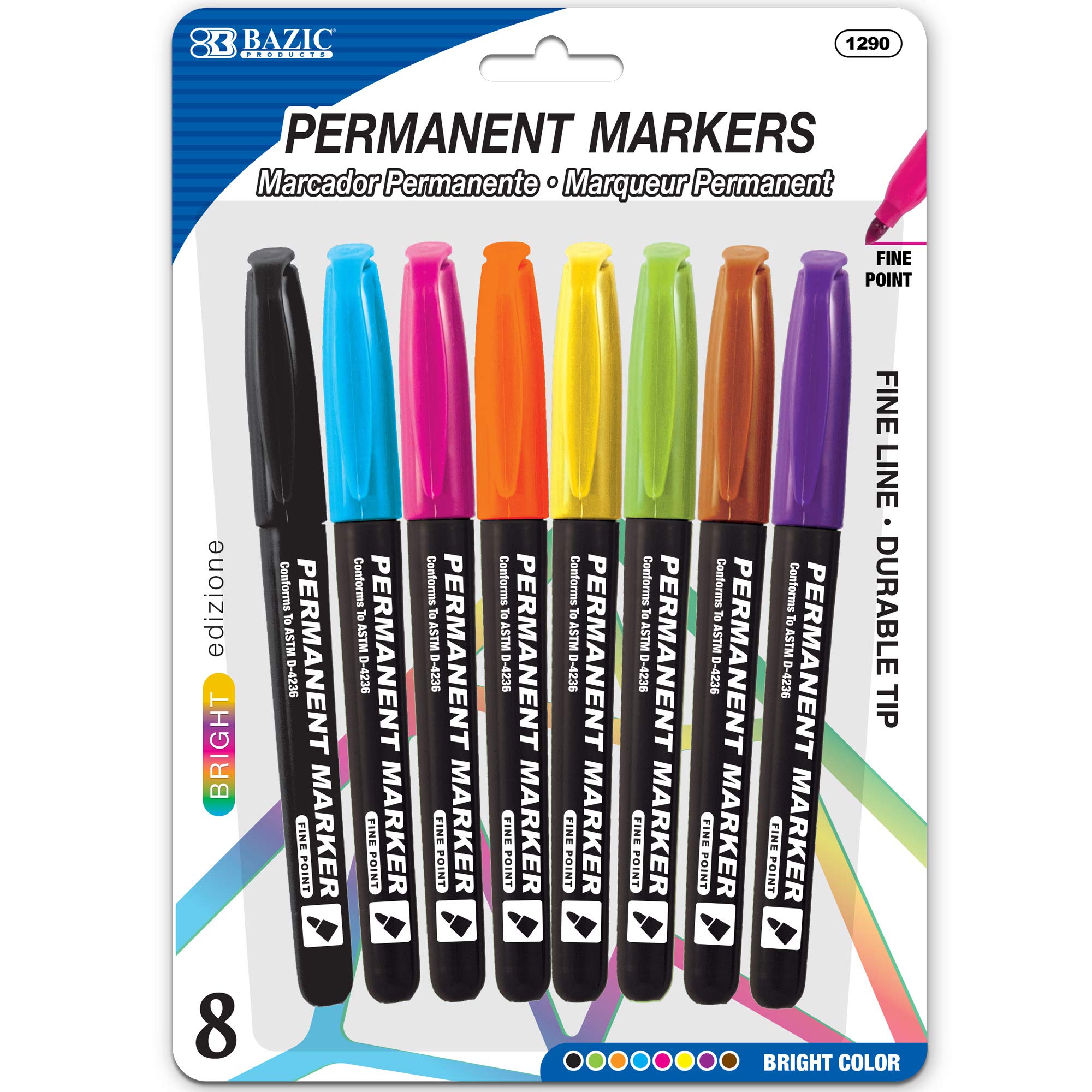 BAZIC Permanent Fine Tip Markers Assorted Colors (8-Pack, 144-Packs) - Vibrant Ink for Plastic, Wood, Metal, Glass & Stone - Ideal for Art, DIY Projects, Office Labeling & Home Organization