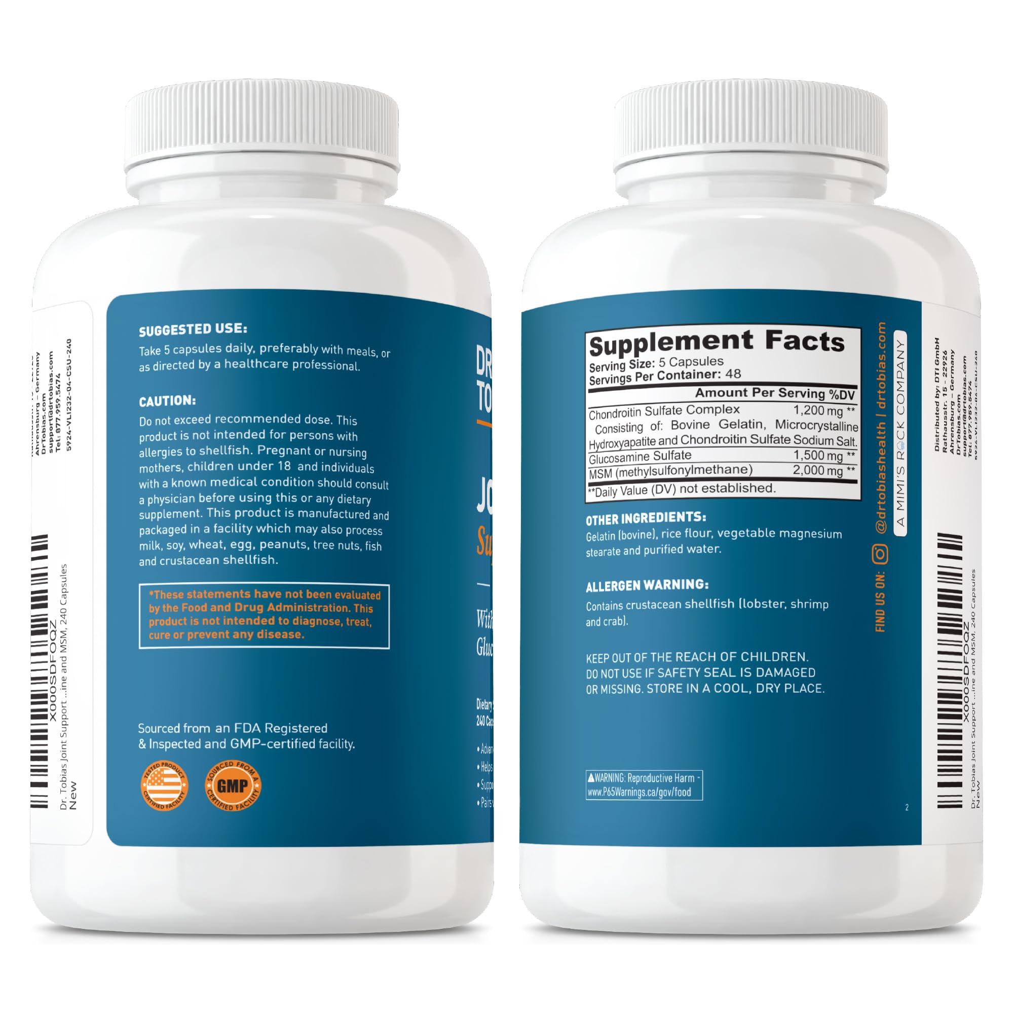 Dr. Tobias Joint Support Supplement with Glucosamine, Chondroitin & MSM - Extra Strength Joint Pain Relief for Men & Women - Supports Connective Tissue, Function & Flexibility - 240 Capsules - Ideal for Active Lifestyles, Sports & Arthritis Support