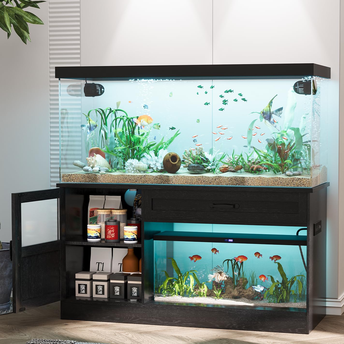 55 Gallon Fish Tank Stand with Drawer, Power Strip & LED Light - Heavy Duty 1300Lbs Capacity Aquarium Stand for 55-75 Gallon Tanks - Perfect for Reptile Terrariums & Home Aquarium Setups