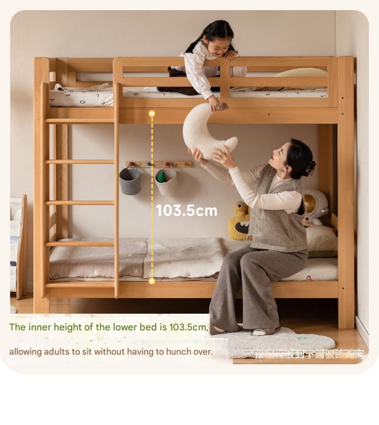 Solid Wood Bunk Bed - Beech & Birch Twin/Full Size - Space-Saving Kids & Guest Room Furniture for Small Bedrooms & Vacation Homes