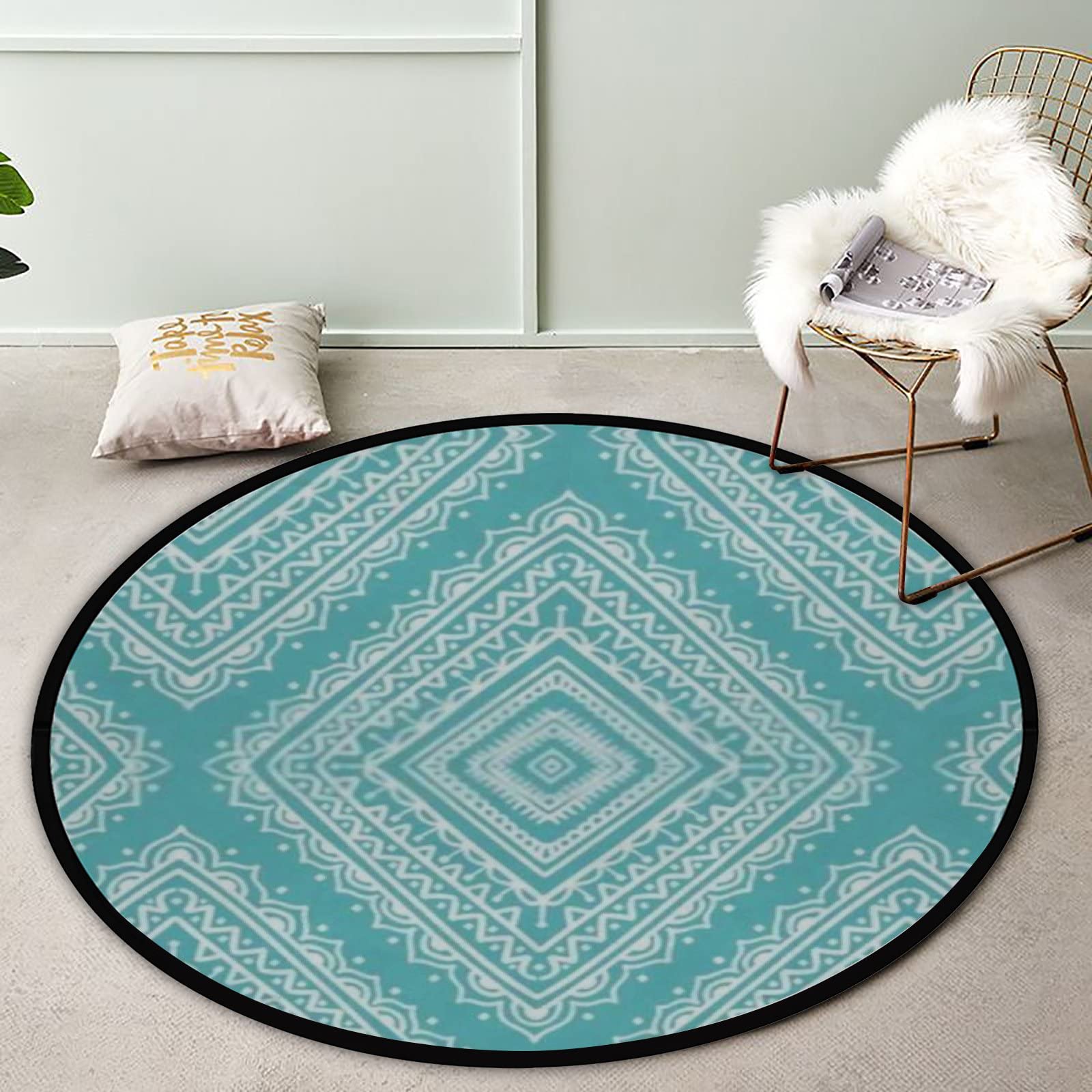 3 Ft Round Area Rug - Ethnic Tribal Rhombus Design Non-Slip Accent Carpet for Bedroom, Living Room, Dining Room & Study | Soft Floor Mat for Indoor Decor, Laundry Room & Cozy Home Spaces