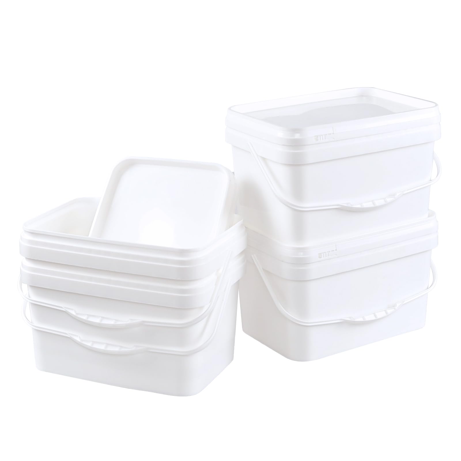 5 Gallon White Square Plastic Food Storage Bucket with Lid - Heavy Duty Rectangular Pail with Handle for Home, Kitchen, Garden & DIY Projects - Set of 4 (Ideal for Food Storage, Paint Mixing, Cleaning Supplies)