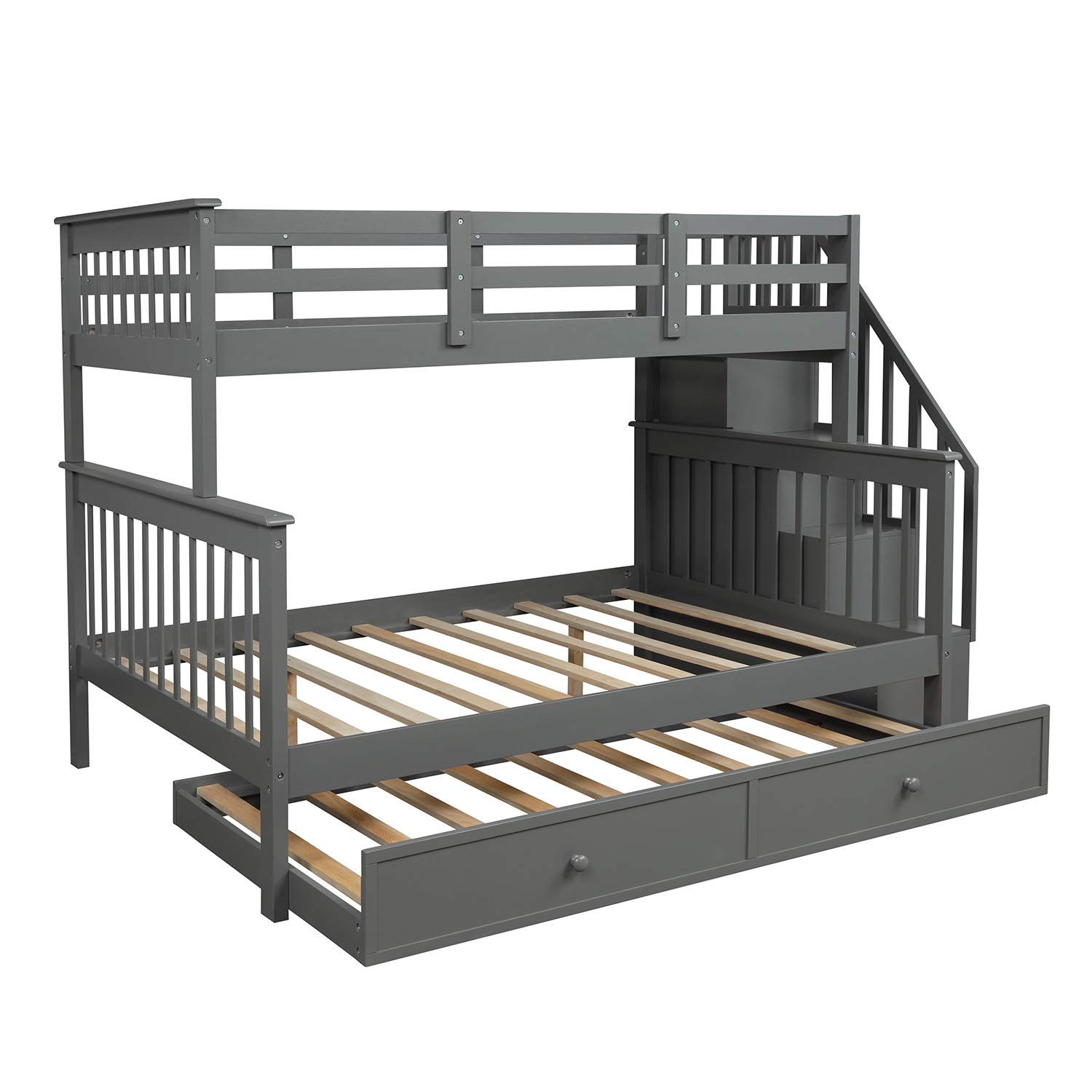 Solid Wood Twin-Over-Full Bunk Bed with Trundle, Storage & Safety Rail - Space-Saving Kids Bedroom & Dorm Furniture for Siblings or Sleepovers (Gray)