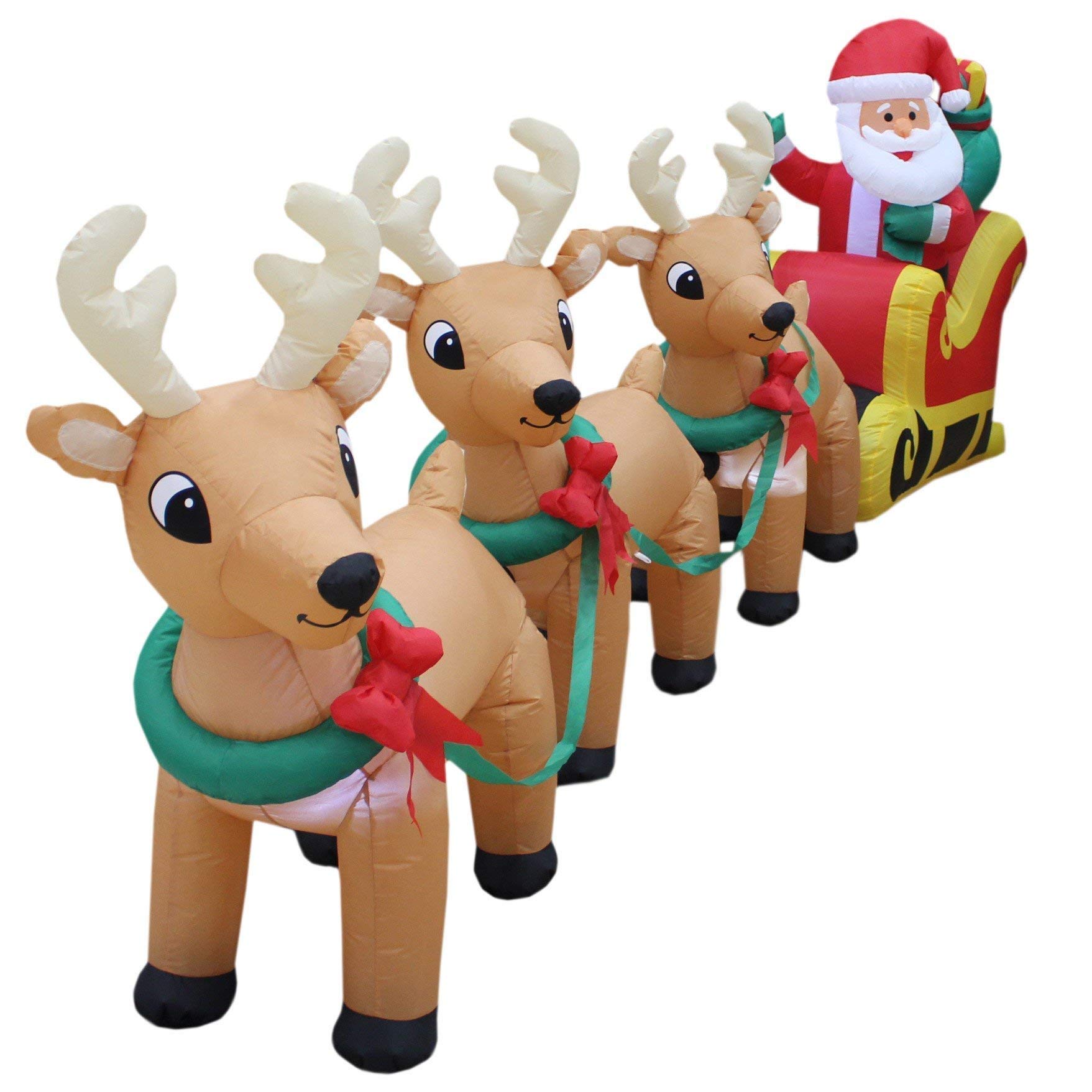 12ft Inflatable Santa Claus on Sleigh with 3 Reindeer & 5ft LED Snowman Campfire Marshmallows - Christmas Party Decorations Bundle for Outdoor Yard, Lawn, and Holiday Festive Decor