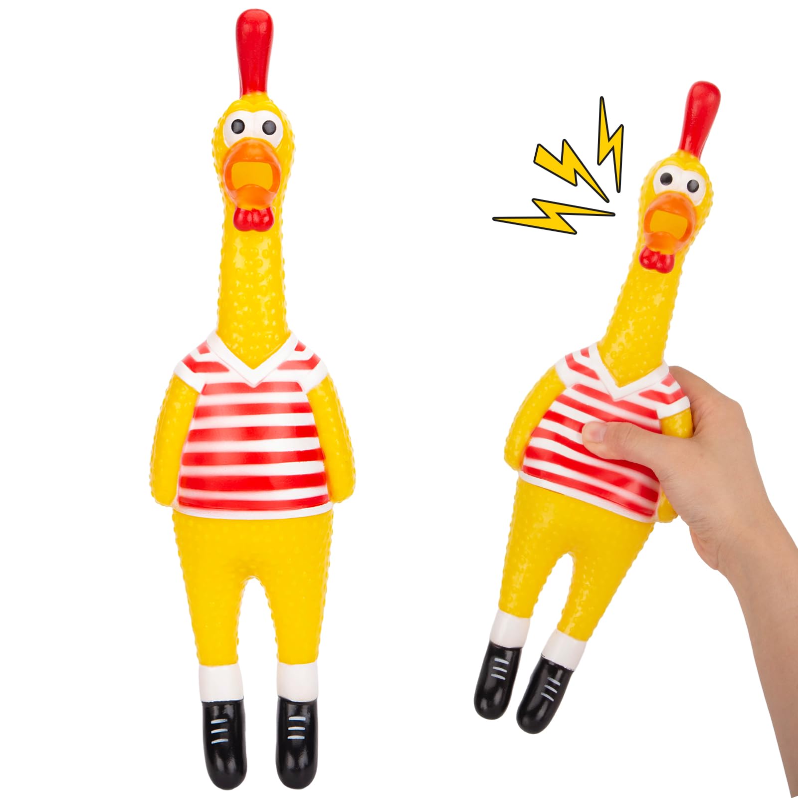 POPLAY Squeaky Rubber Chicken Toy - Red & White Striped Funny Noise Maker for Pets, Parties & Pranks - Perfect for Gag Gifts, Dog Toys & Practical Jokes
