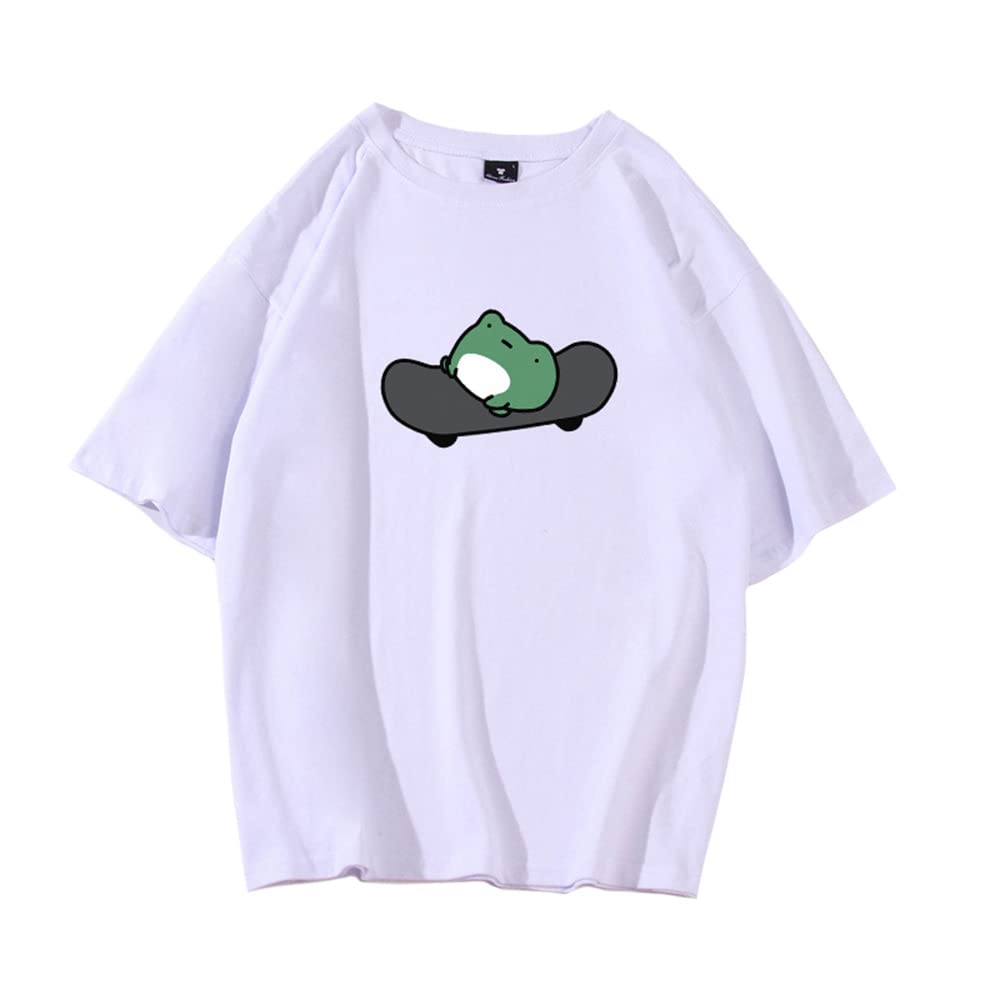 Women's Kawaii Frog Print Short Sleeve T-Shirt | Summer Skateboard Cartoon Graphic Tee | Cute Funny Frog Shirt for Casual Wear & Street Fashion