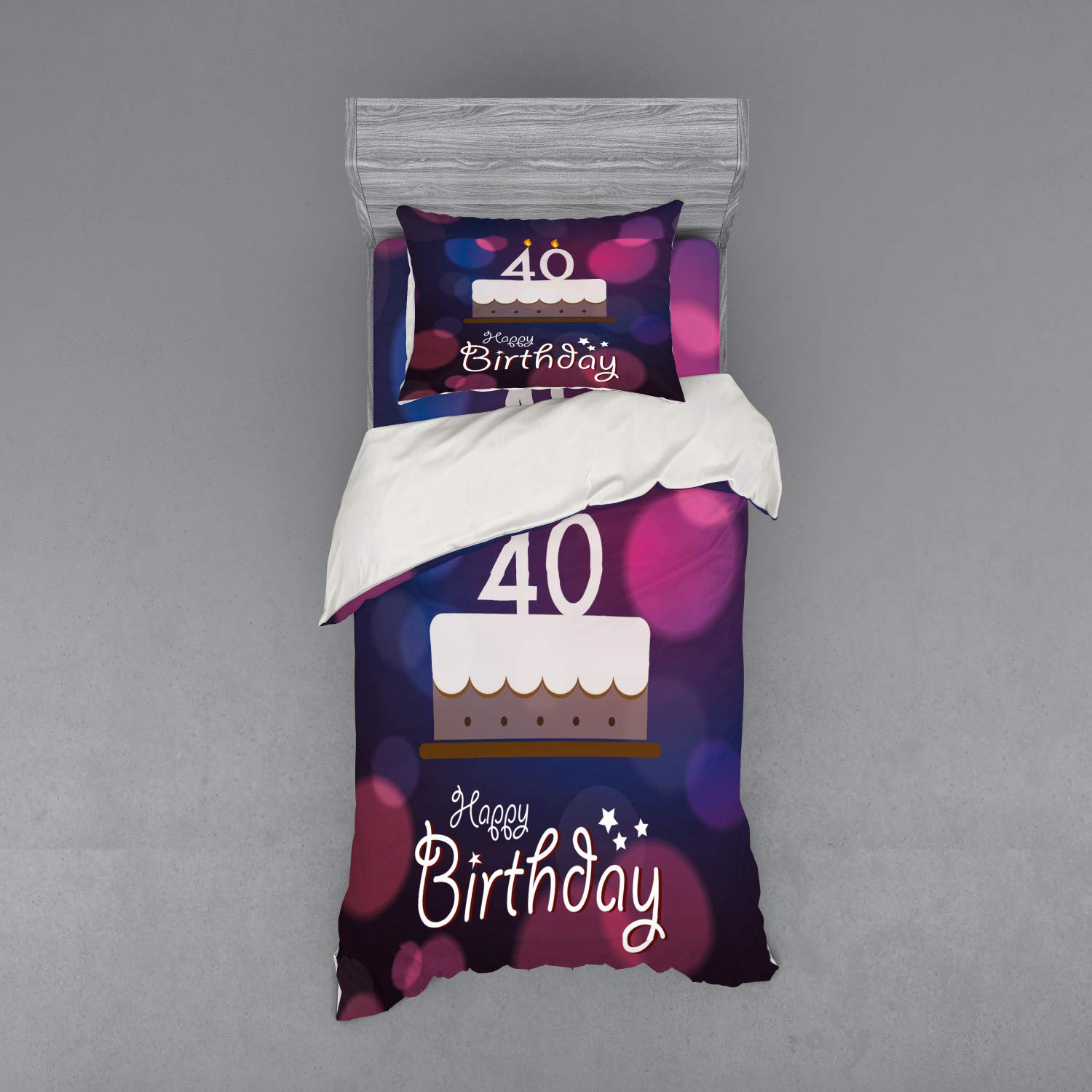 Ambesonne 40th Birthday Duvet Cover Set - Colorful Dots & Cake Design with Candles, Stars - 3-Piece Twin Size Bedding Set (Sham + Fitted Sheet) in Purple, Pink & White - Perfect for Birthday Decorations & Bedroom Makeovers