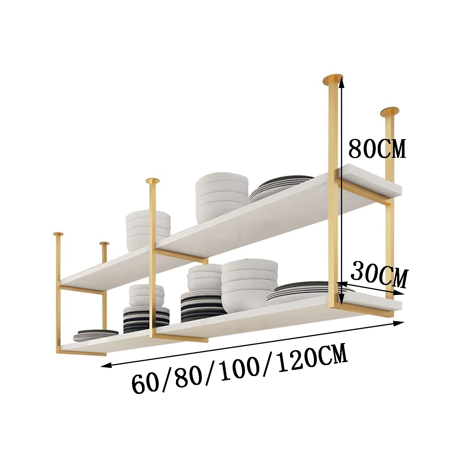 Gold Ceiling-Mounted Floating Shelf - 120x30x80cm (47x12x31 inch) Hanging Wine Rack, Bookcase & Plant Stand for Kitchen, Bedroom & Bar Decor - Space-Saving Wall Storage Solution