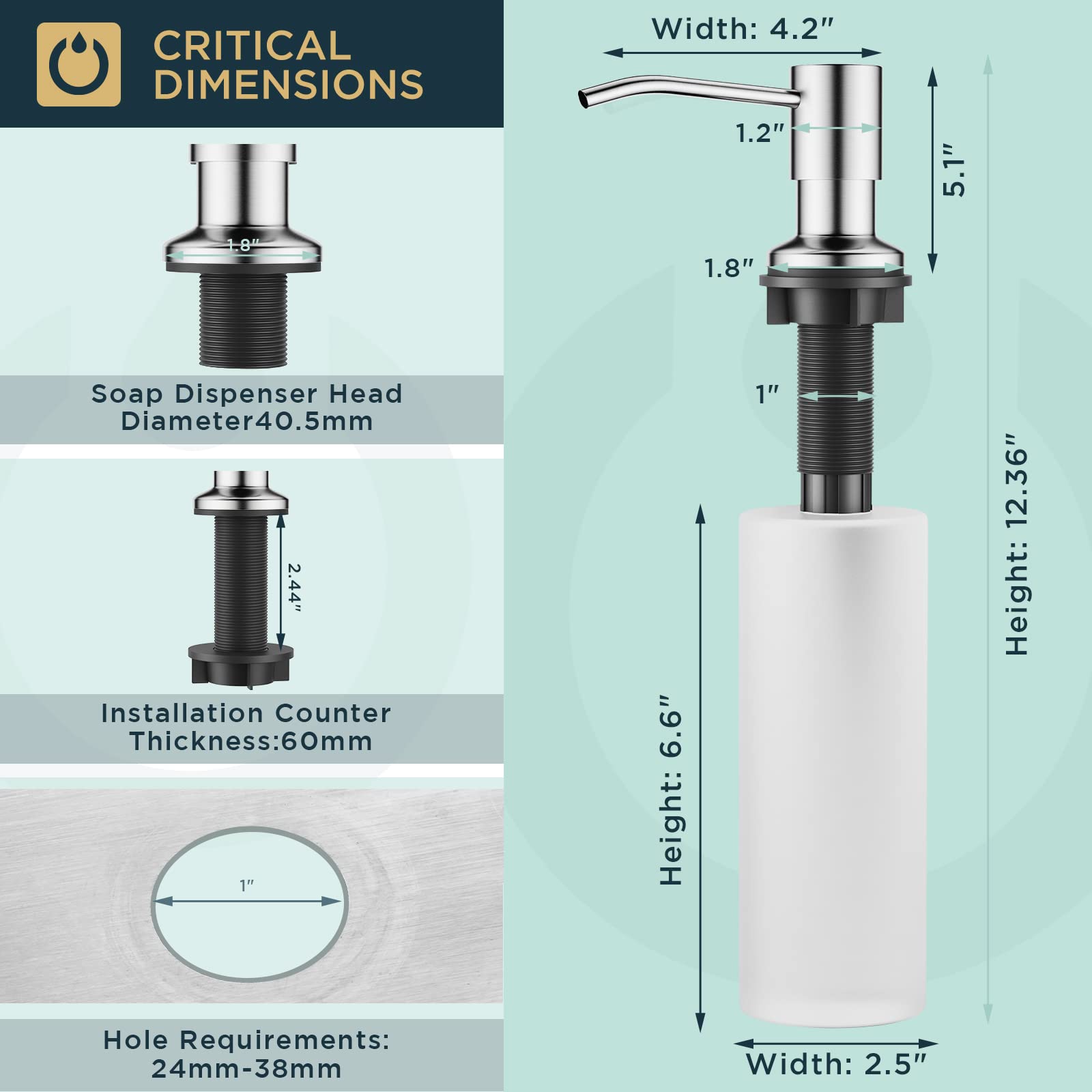 FORIOUS Brushed Nickel Soap Dispenser - 500ML/18OZ Top Refillable Liquid Soap Dispenser for Kitchen Sink Countertop, Bathroom, or Office | Elegant & Durable Lotion Dispenser with Easy One-Hand Operation