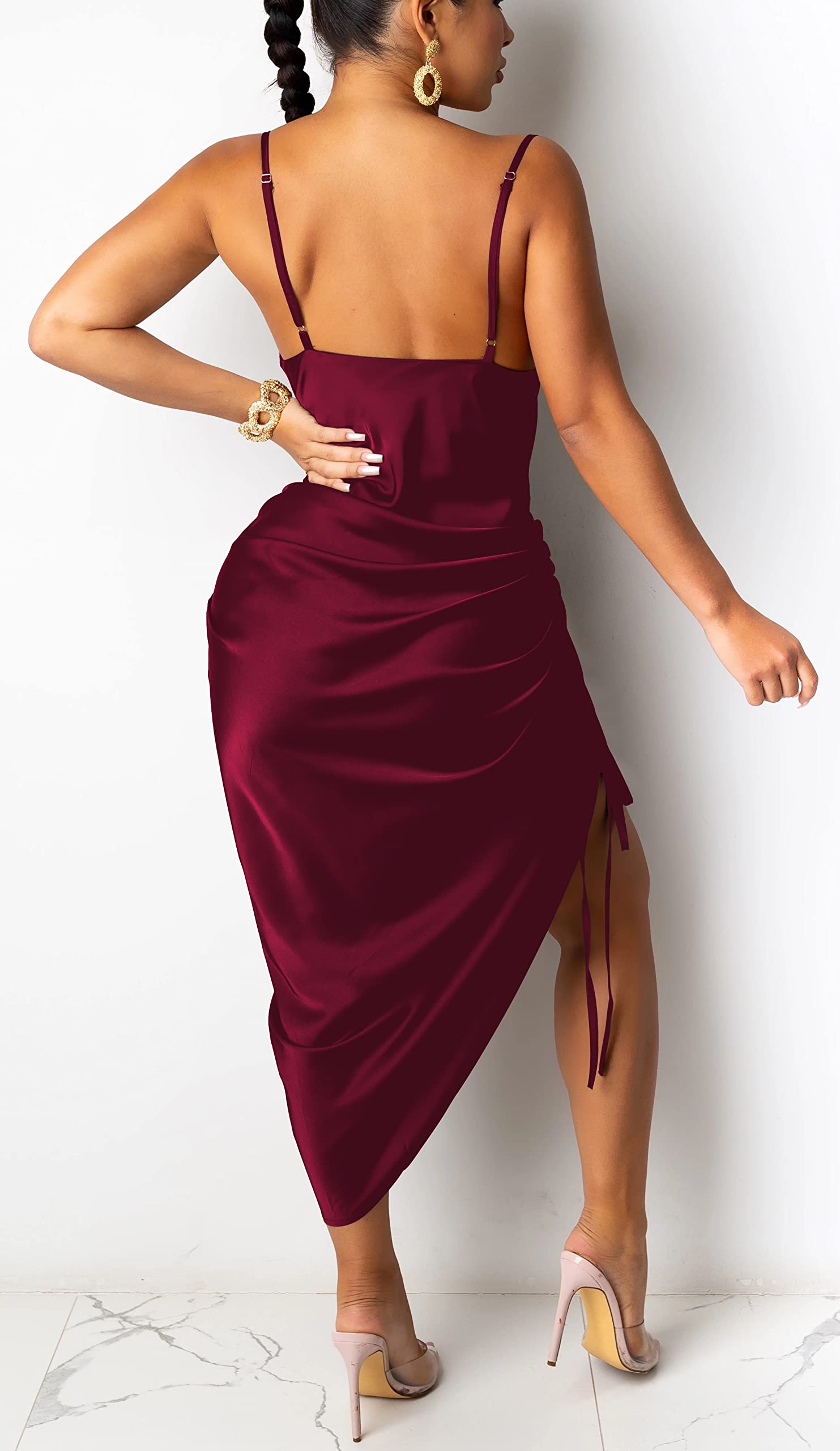 Sexy Club Dress for Women - Spaghetti Strap Satin Midi Dress with Side Ruched Detail for Wedding, Party & Birthday | Cocktail Dress, Mini Dress for Night Out & Special Occasions